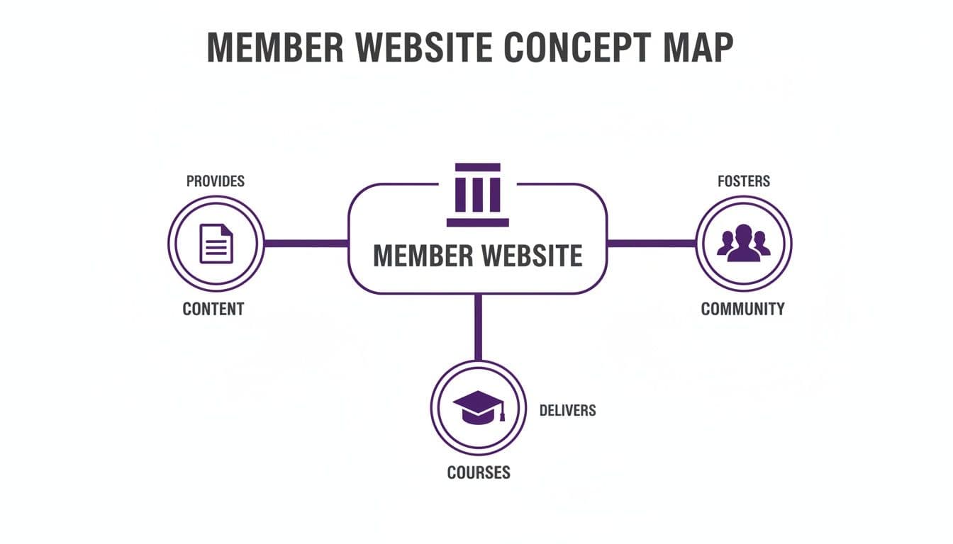 A concept map illustrating the functions of a member website: providing content, fostering community, and delivering courses.