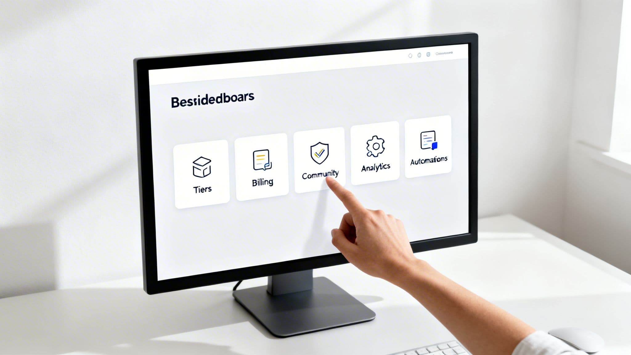 A person's hand touching a computer screen displaying a website dashboard with options like Tiers and Community.