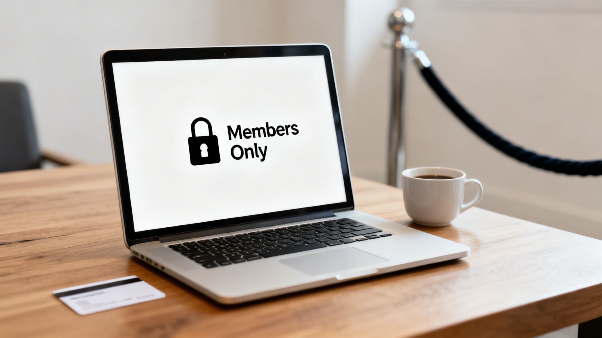 A laptop screen displaying 'Members Only' with a padlock icon, on a wooden desk with a coffee cup and a card.