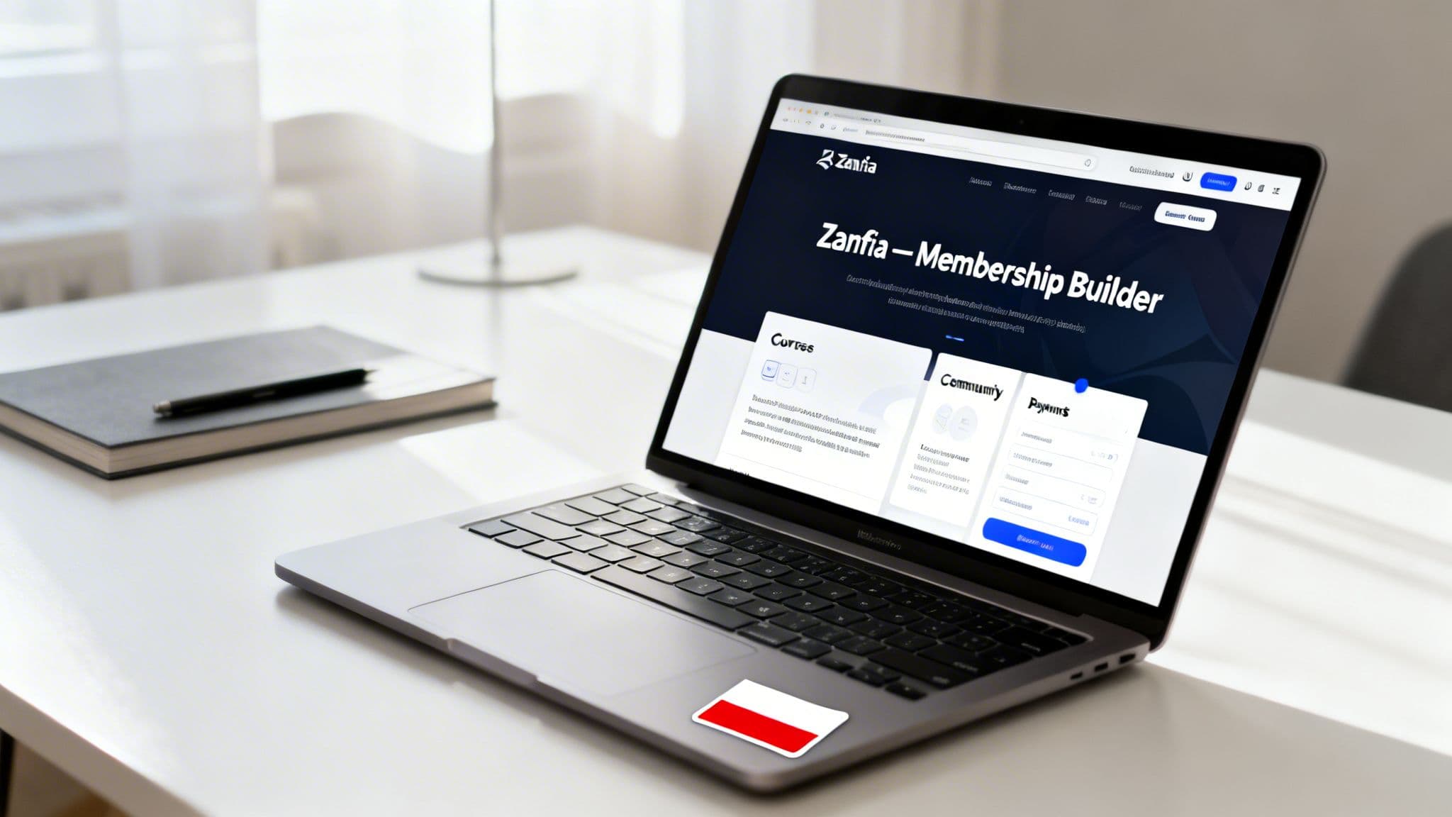 MacBook laptop open on a white desk, showing a 'Zanfia - Membership Builder' website, with a book and pen nearby.
