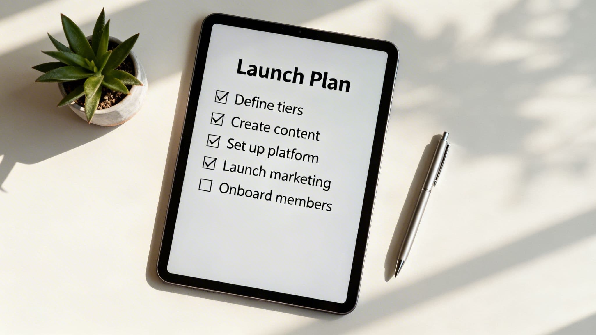 A tablet displays a 'Launch Plan' checklist with four completed tasks and one pending.