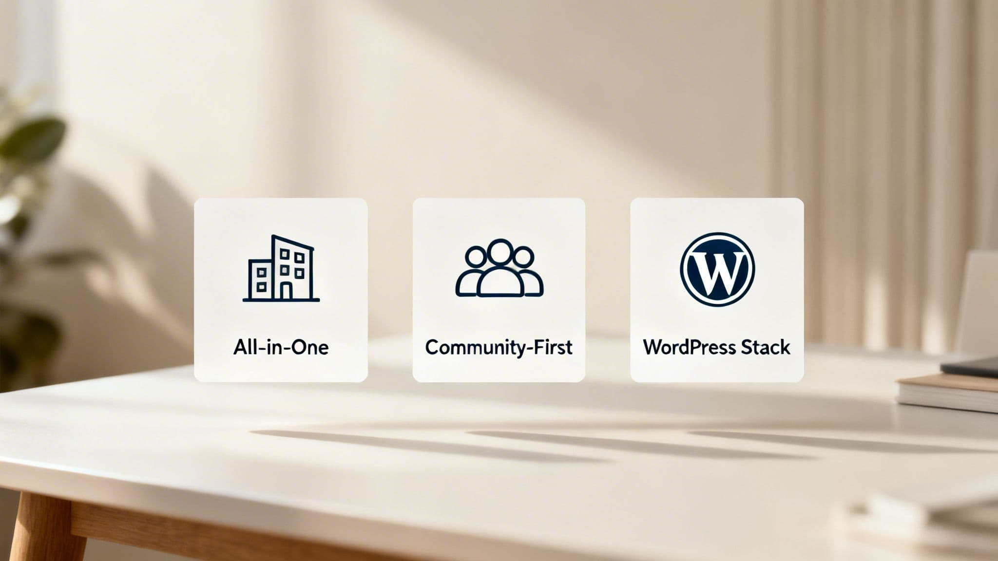 Three cards on a table showing icons for 'All-in-One', 'Community-First', and 'WordPress Stack' membership solutions.