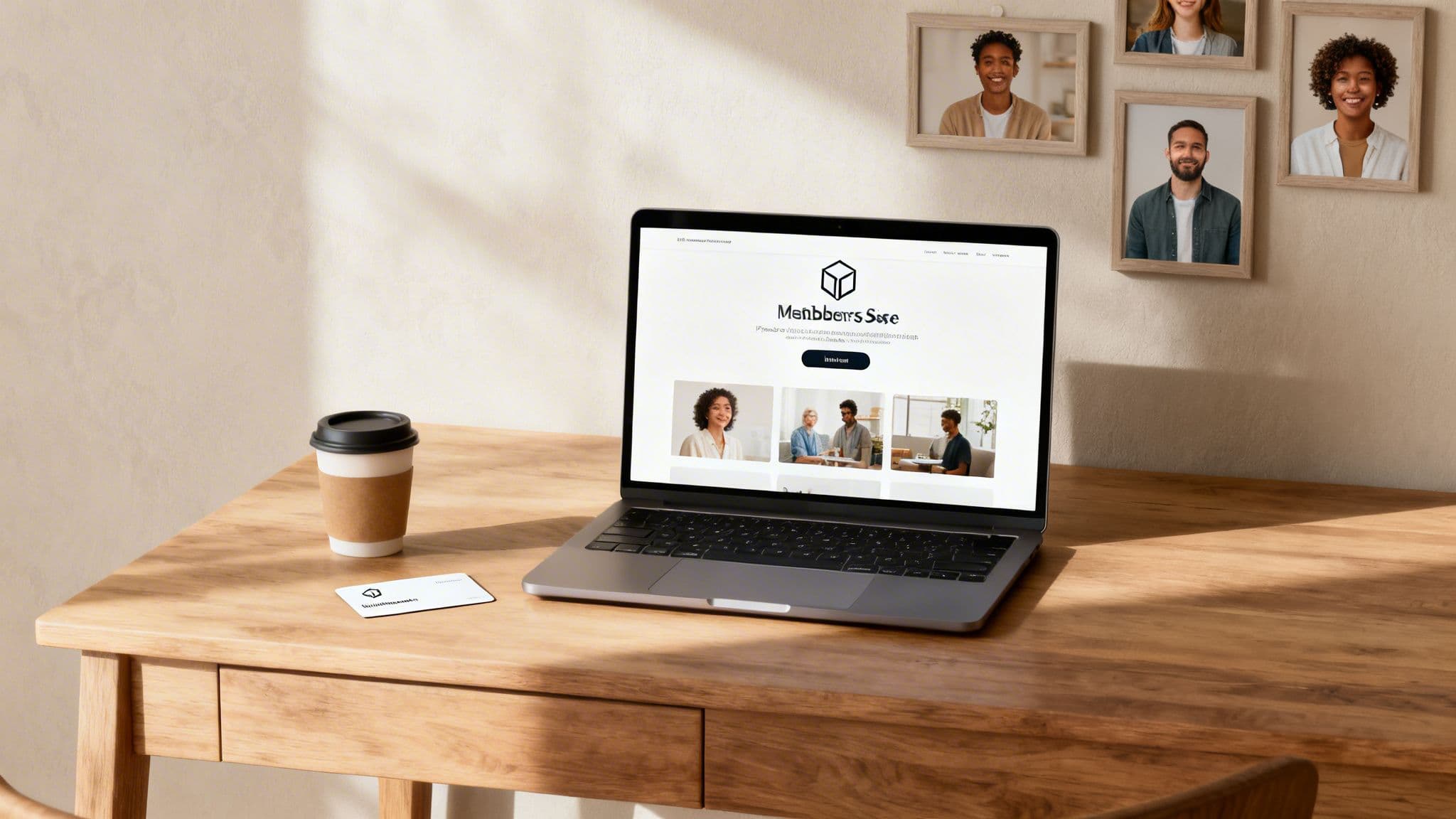 A laptop displays a membership site homepage on a wooden desk, next to a coffee cup and business card, with framed portraits on the wall.