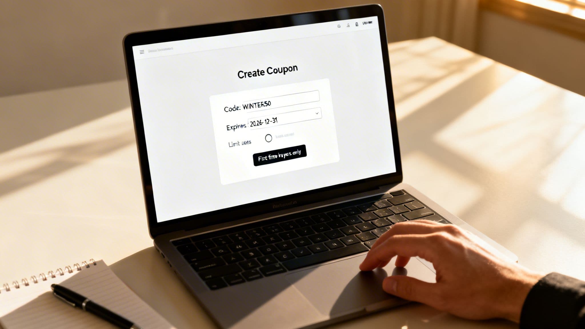 A person creates a digital coupon code 'WINTER50' expiring 2026-12-31 on a laptop.