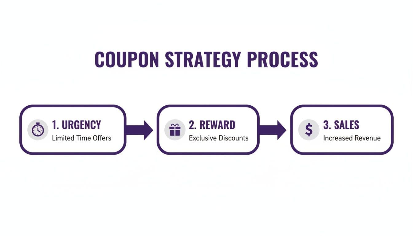 A diagram illustrating the coupon strategy process with three steps: urgency, reward, and sales.