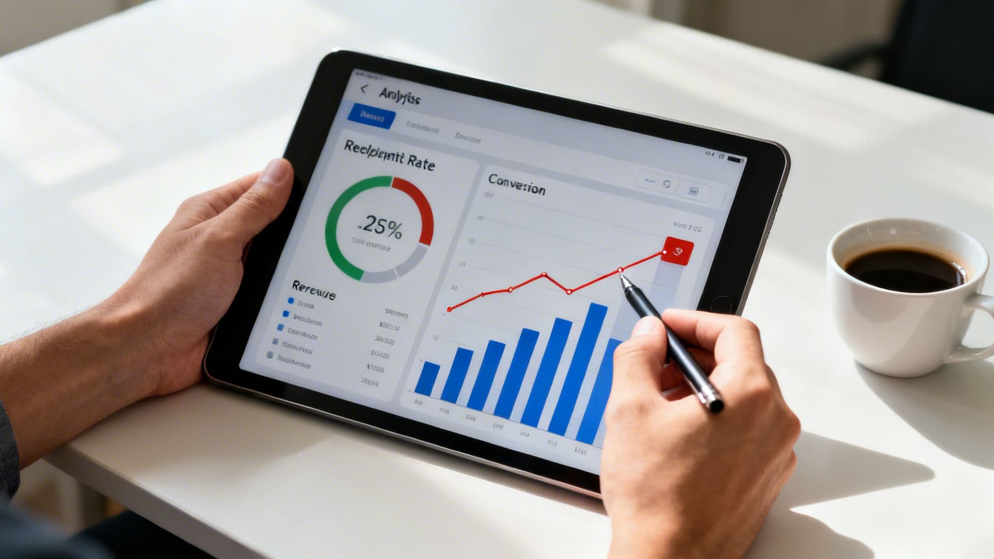 Person analyzing digital marketing conversion and revenue data on a tablet with a stylus, next to a coffee.