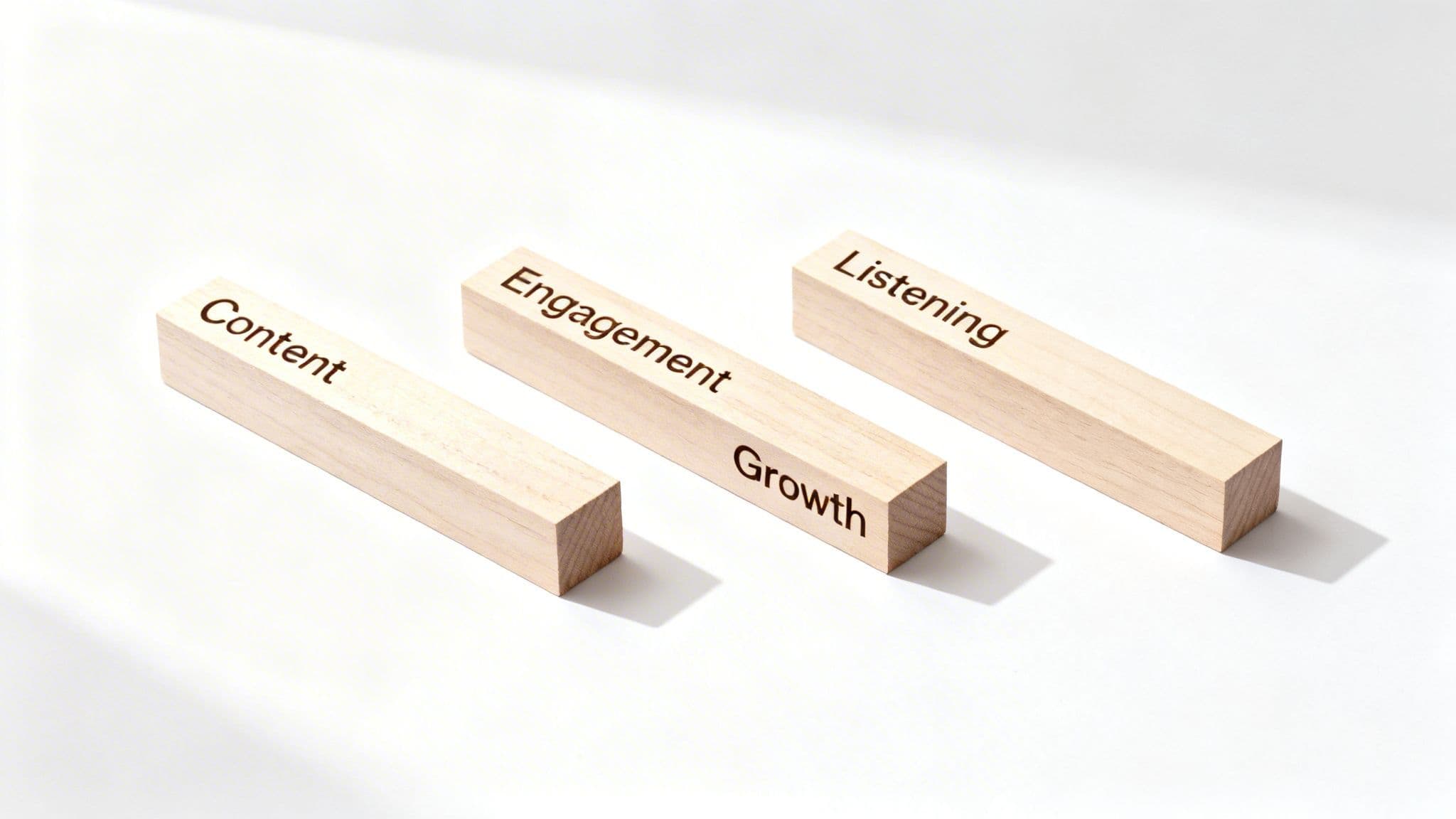 Three wooden blocks on a white surface, displaying words: Content, Engagement, Growth, and Listening.