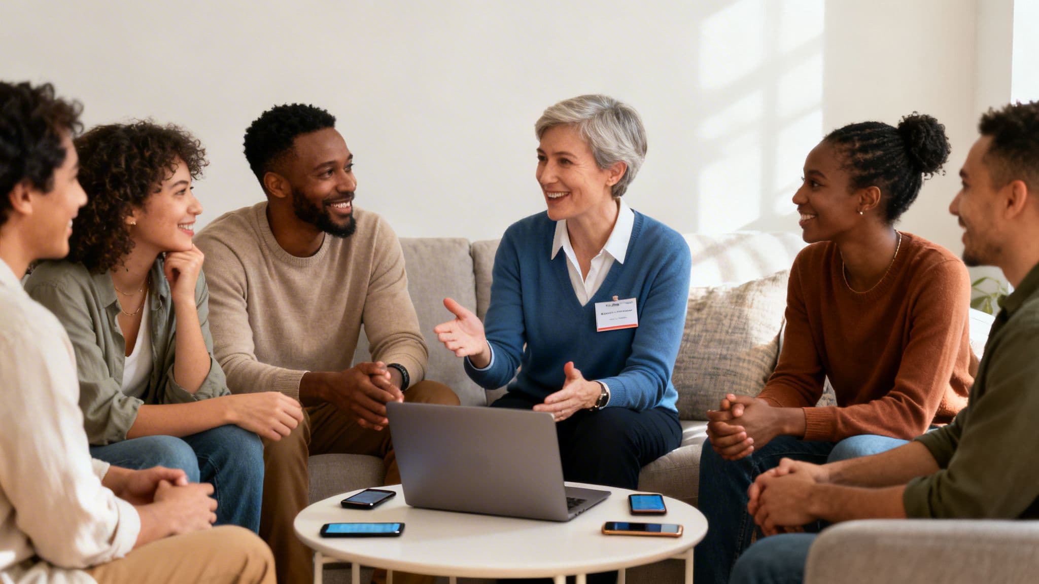 A diverse group of adults smiling and listening to a woman leading a discussion in a bright room.