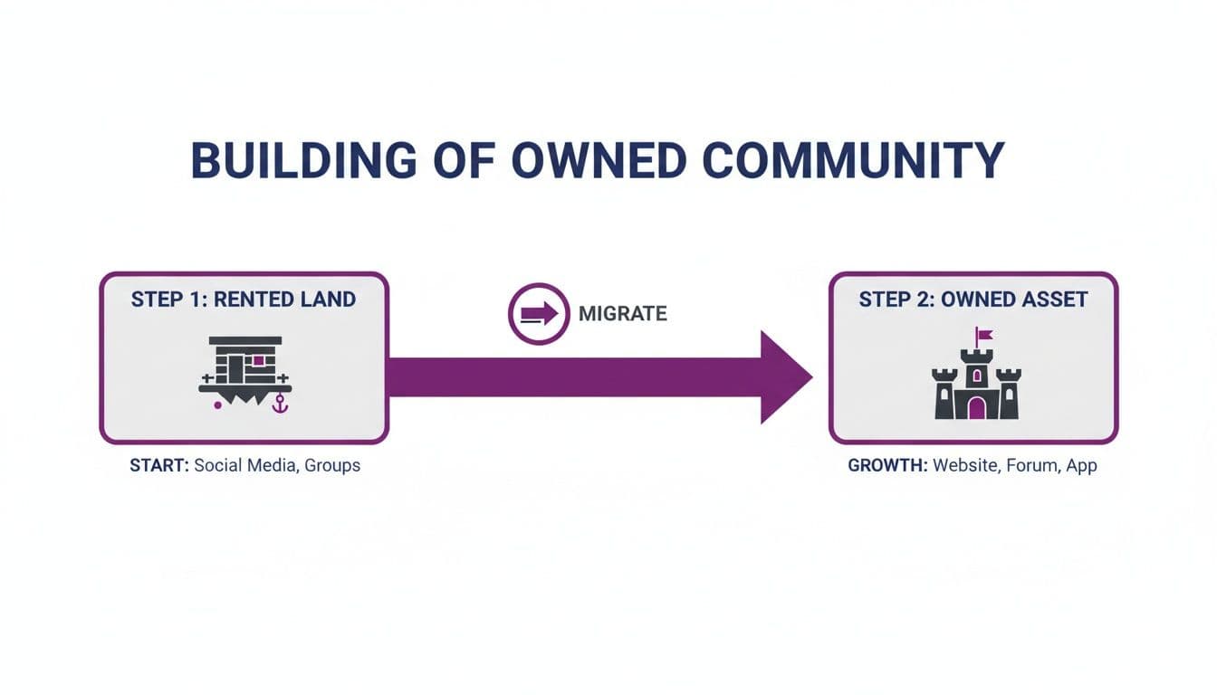 Diagram showing the journey from rented social media communities to owned website and app platforms.