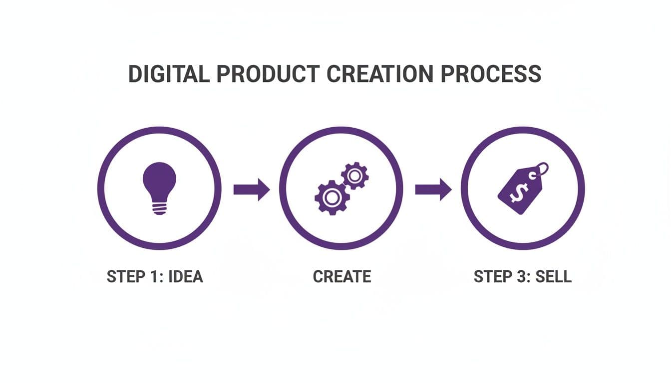Infographic showing the digital product creation process, including steps for idea, creation, and selling.
