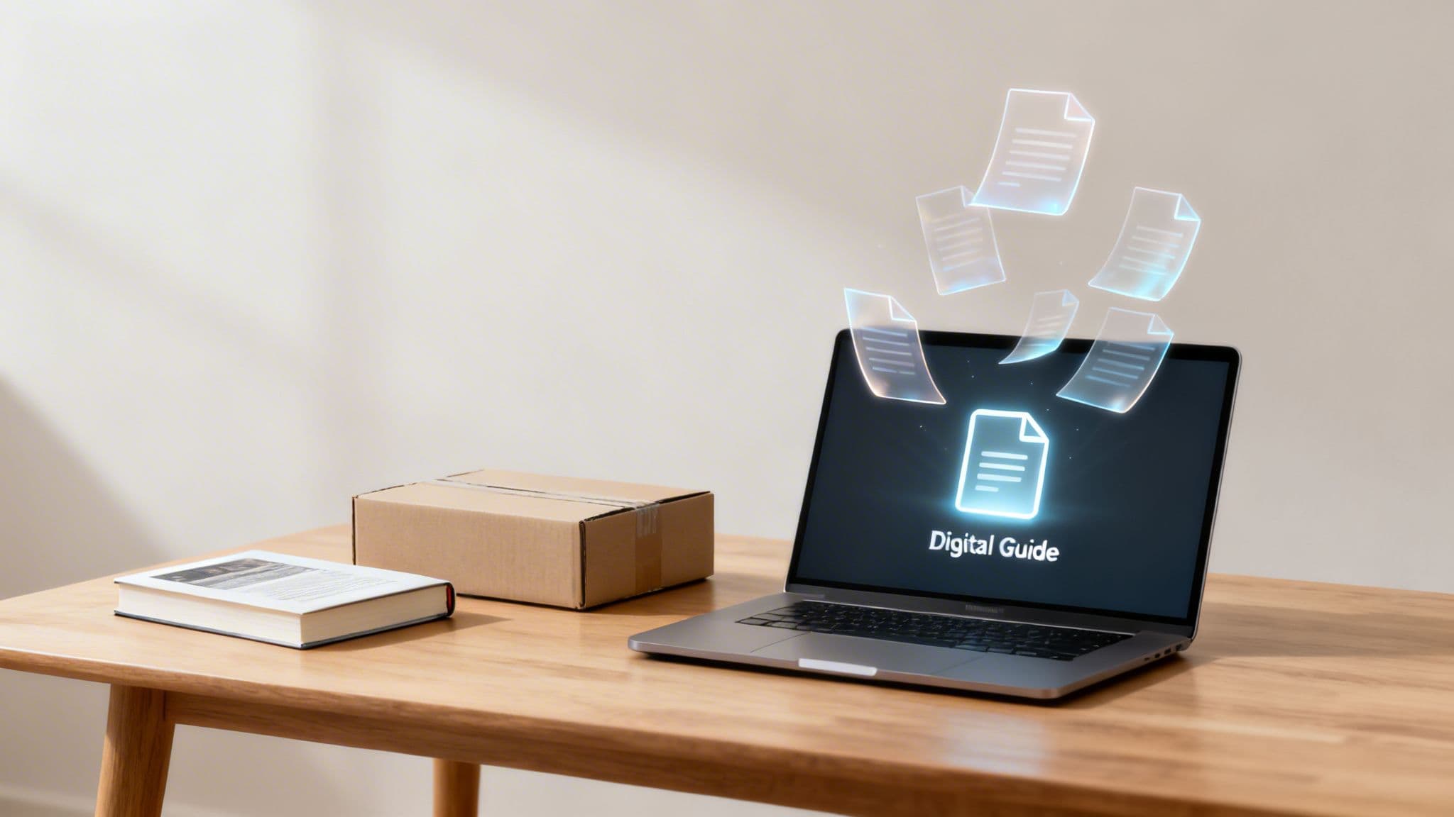 A laptop displays 'Digital Guide' and floating document icons, symbolizing digital products and information.