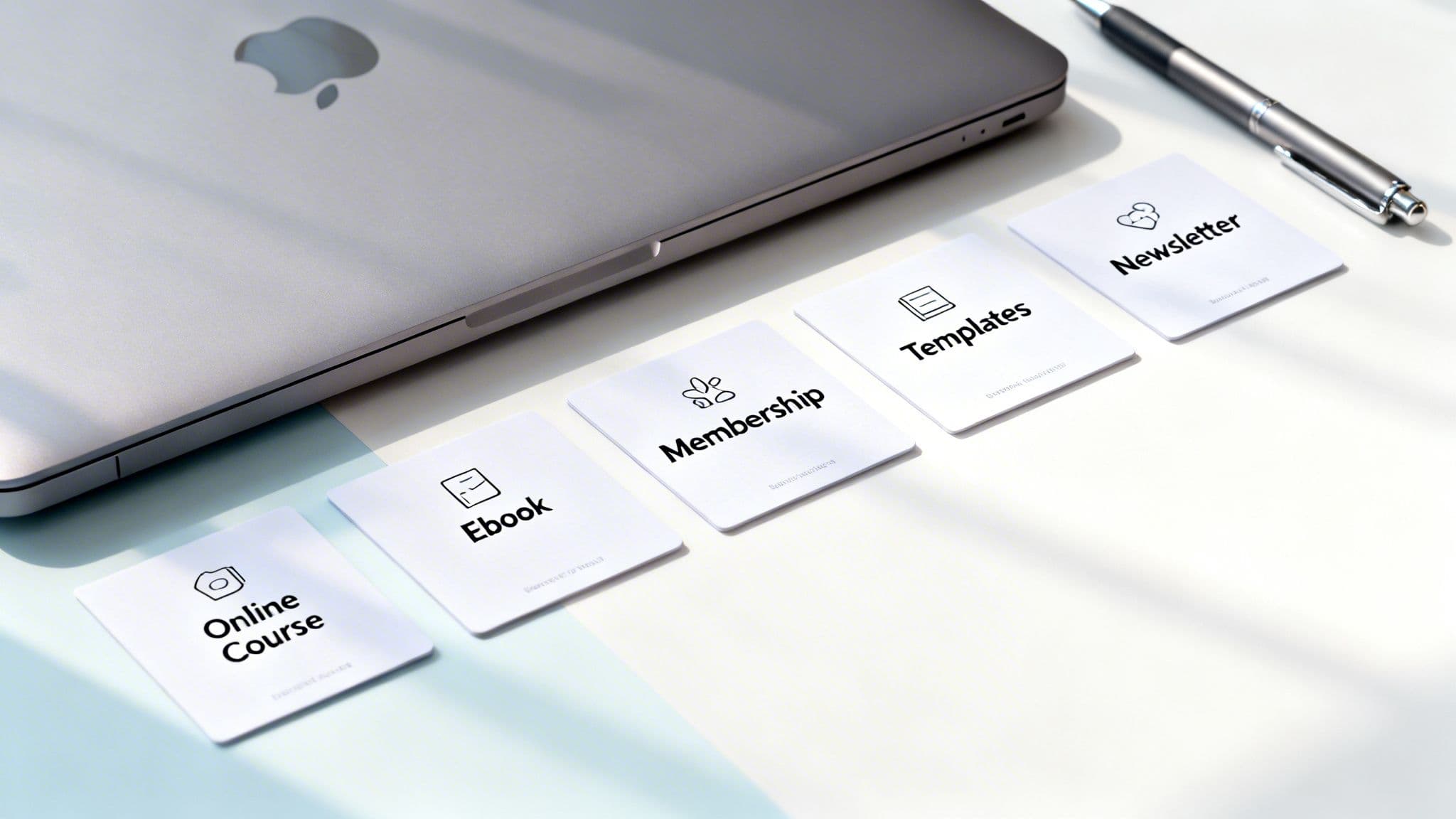 A laptop and pen next to five cards displaying different digital product offerings like online courses and templates.