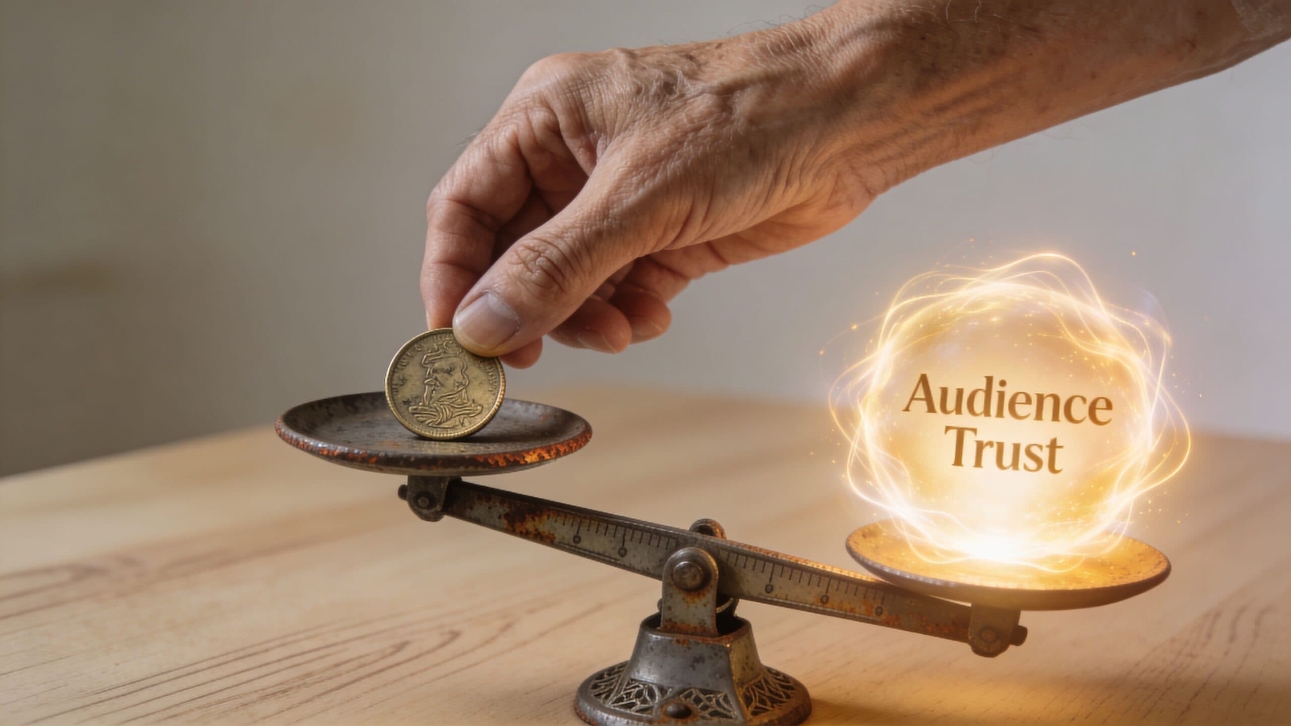 A hand places a gold coin on a balance scale opposite a glowing orb representing audience trust.
