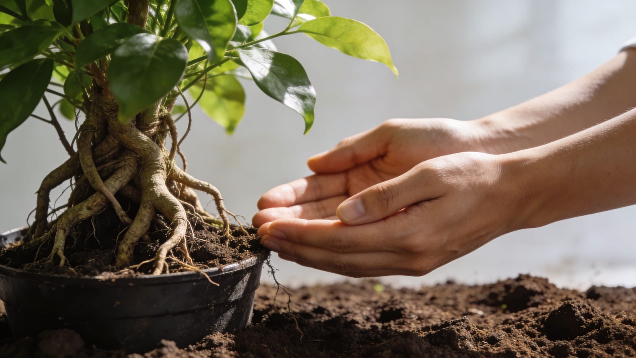 A person gently cupping their hands near a potted bonsai tree situated in fertile soil.