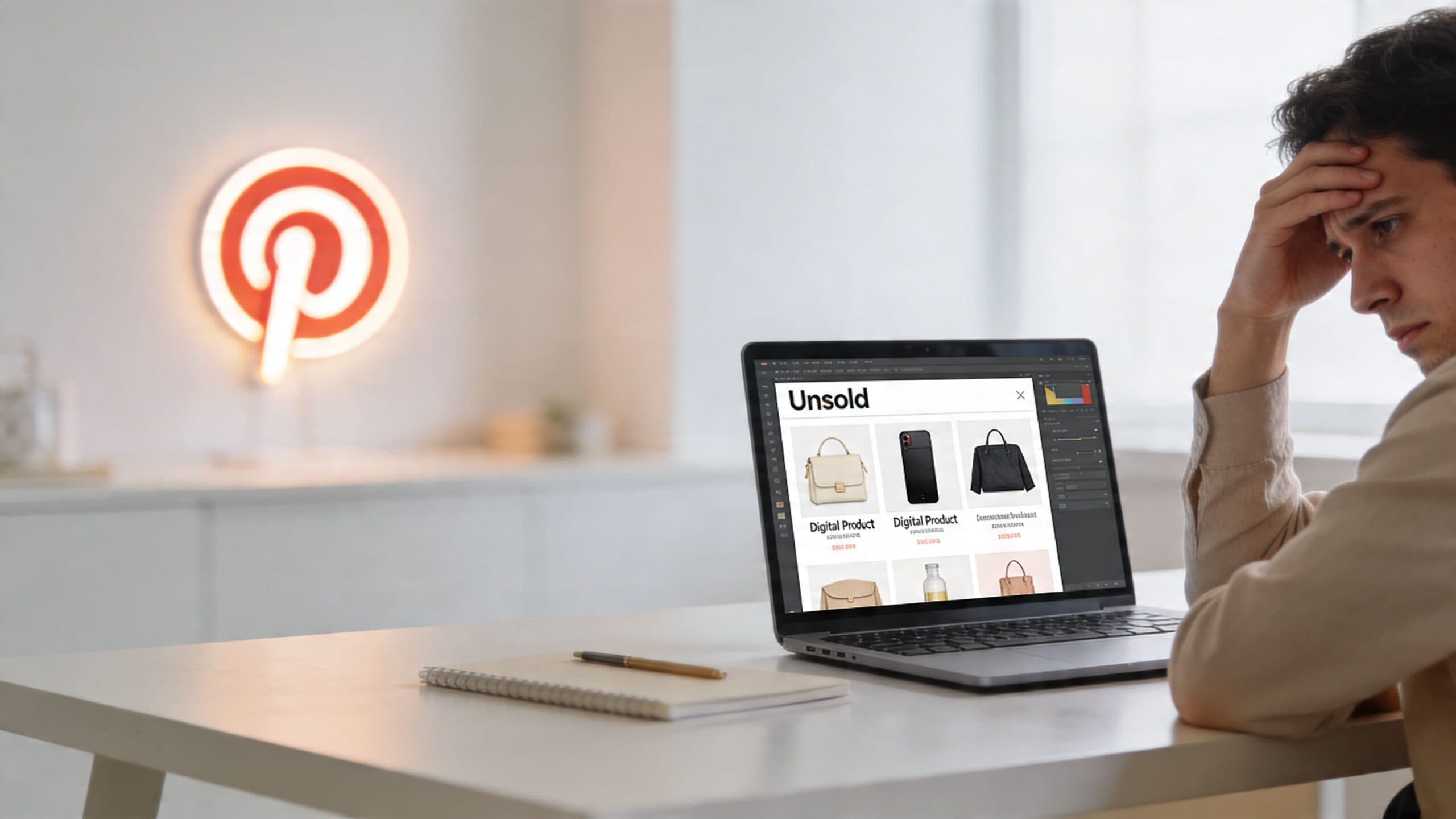 A frustrated man looking at a laptop screen displaying unsold digital products on a Pinterest-themed workspace.