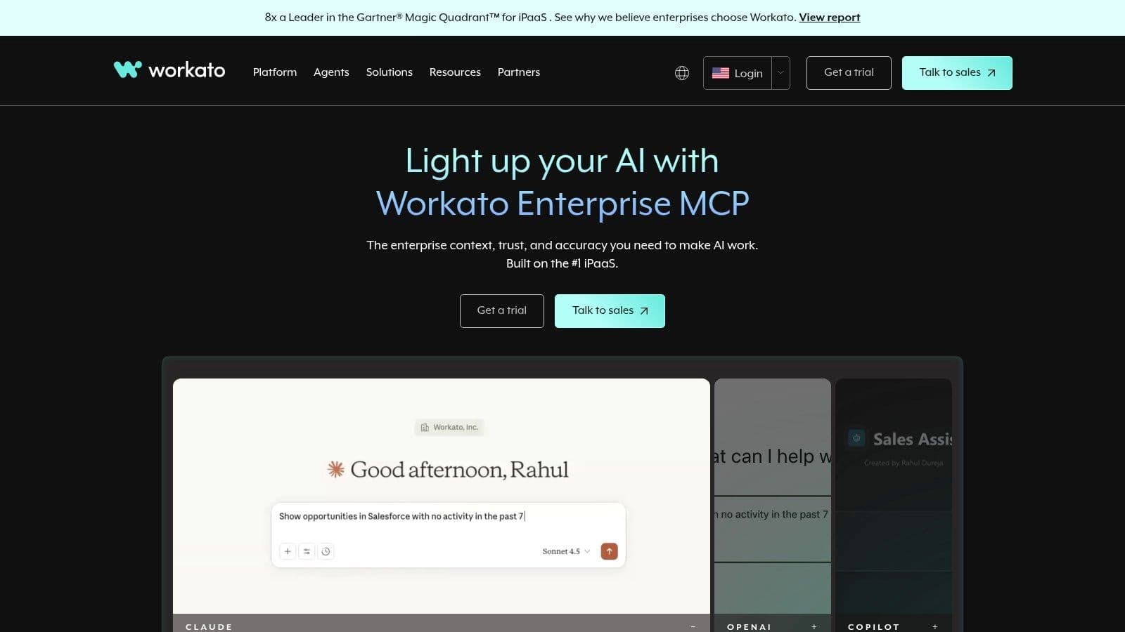 A diagram showing Workato's AI-powered workflow automation capabilities, connecting multiple enterprise systems.