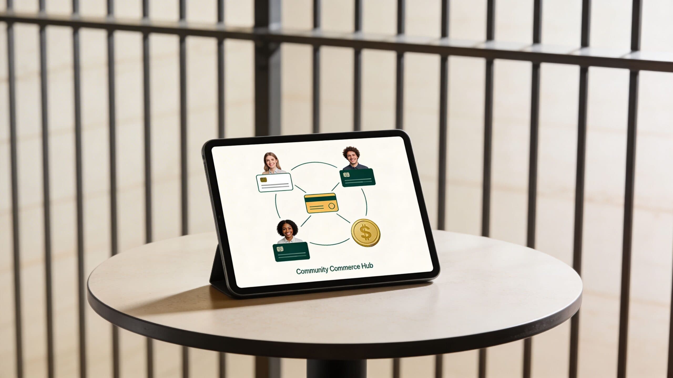 A digital tablet displaying a network graphic titled Community Commerce Hub on a round wooden table.