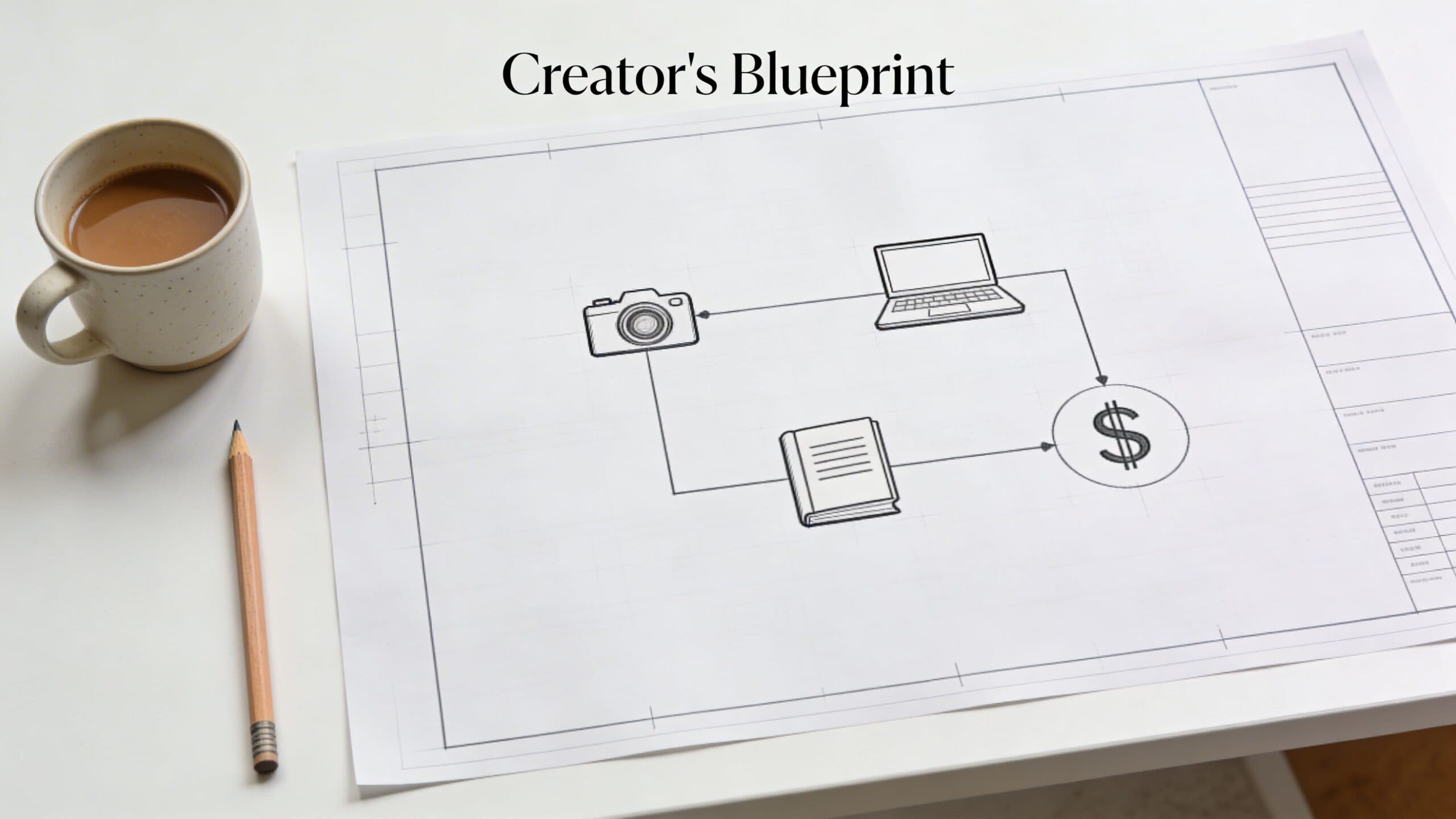 A Creator's Blueprint sketch showing a camera, laptop, book, and dollar sign on a white desk.