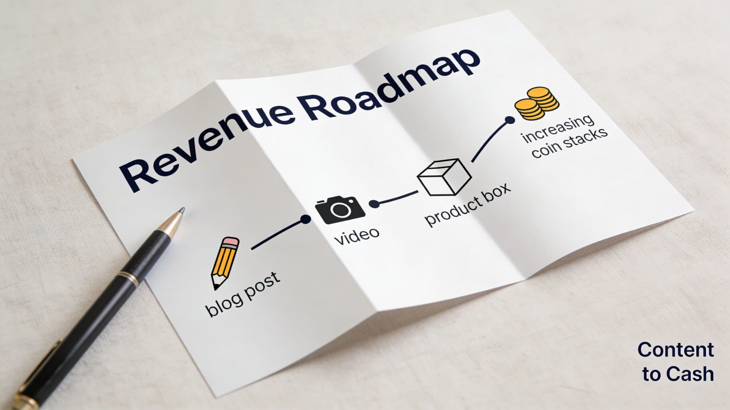 A paper diagram illustrating a Revenue Roadmap showing a workflow from blog posts to product sales.