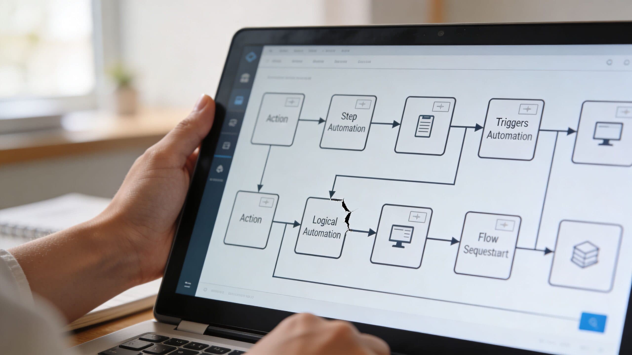 A person using a laptop to design a business workflow automation process with various connected nodes.