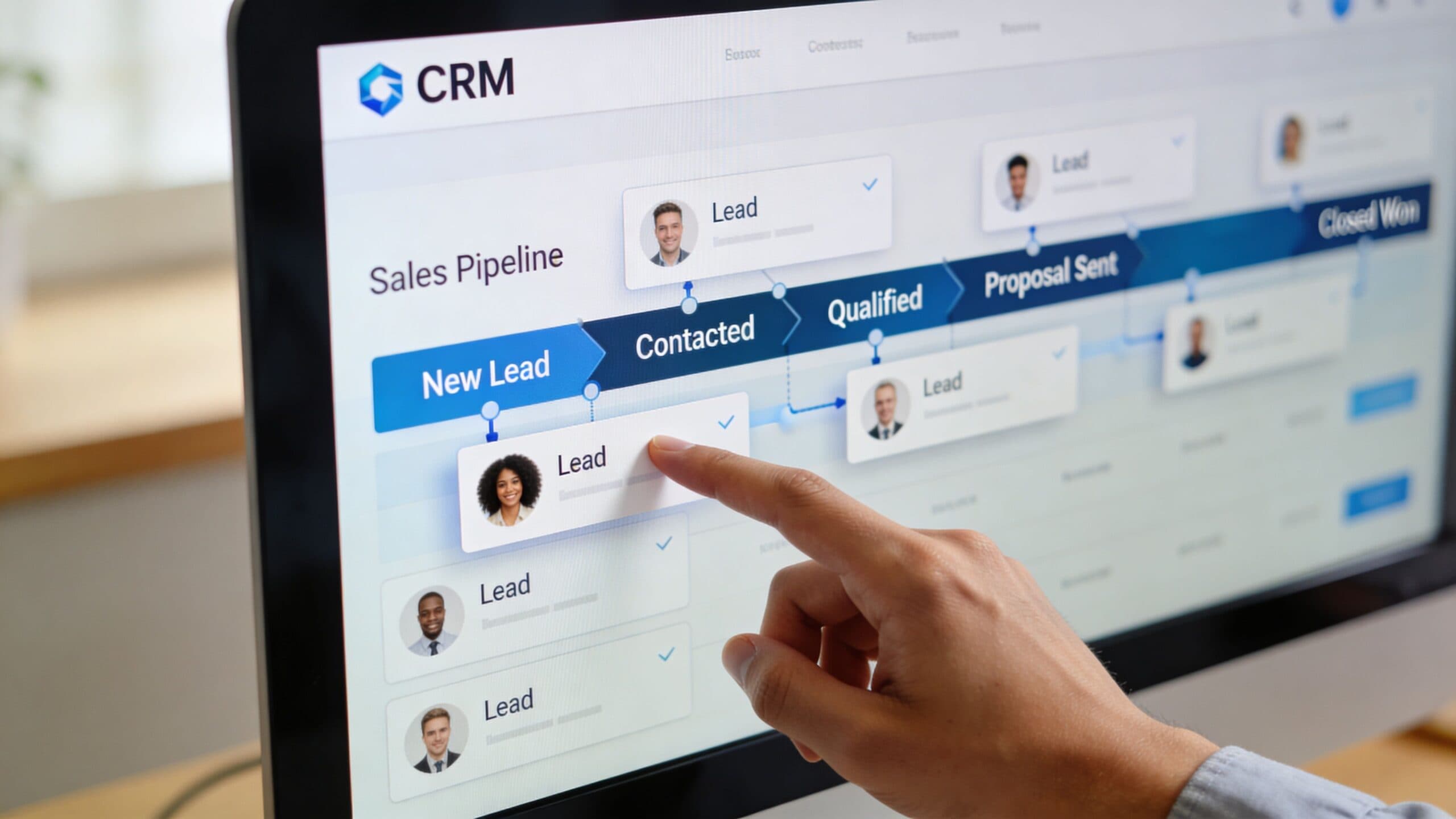 A professional using a computer screen displaying a CRM sales pipeline interface to manage business leads.