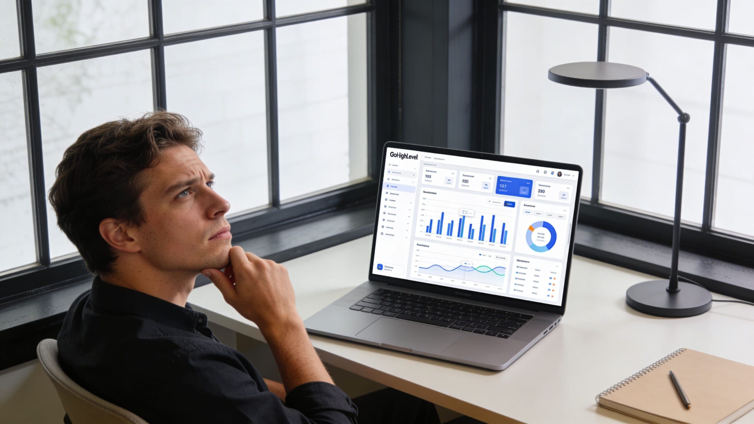 A young man sitting at a desk looking thoughtfully at a laptop screen displaying marketing dashboard analytics.
