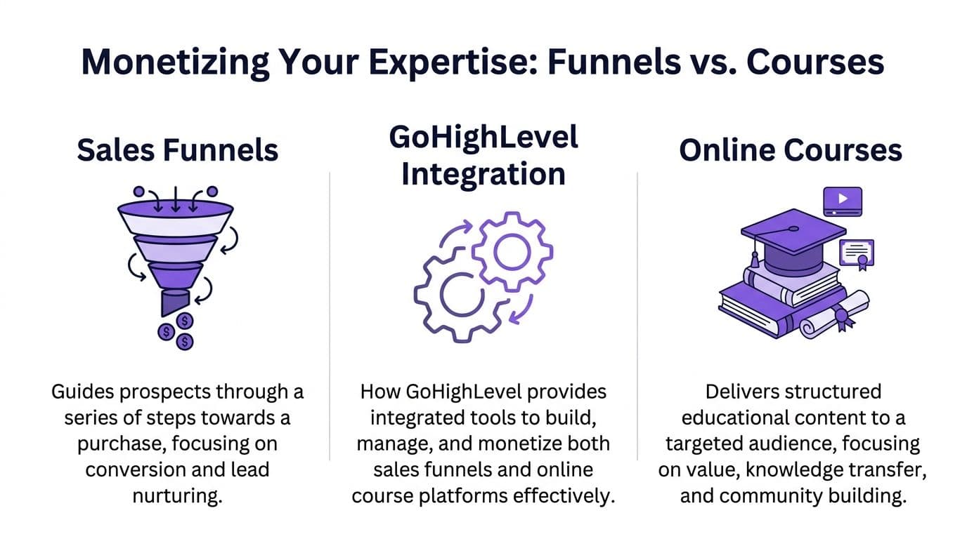 A diagram comparing sales funnels, GoHighLevel integration, and online courses for monetizing professional expertise effectively.