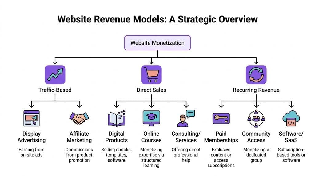 A flowchart diagram illustrating various website monetization strategies categorized into traffic-based, direct sales, and recurring revenue models.