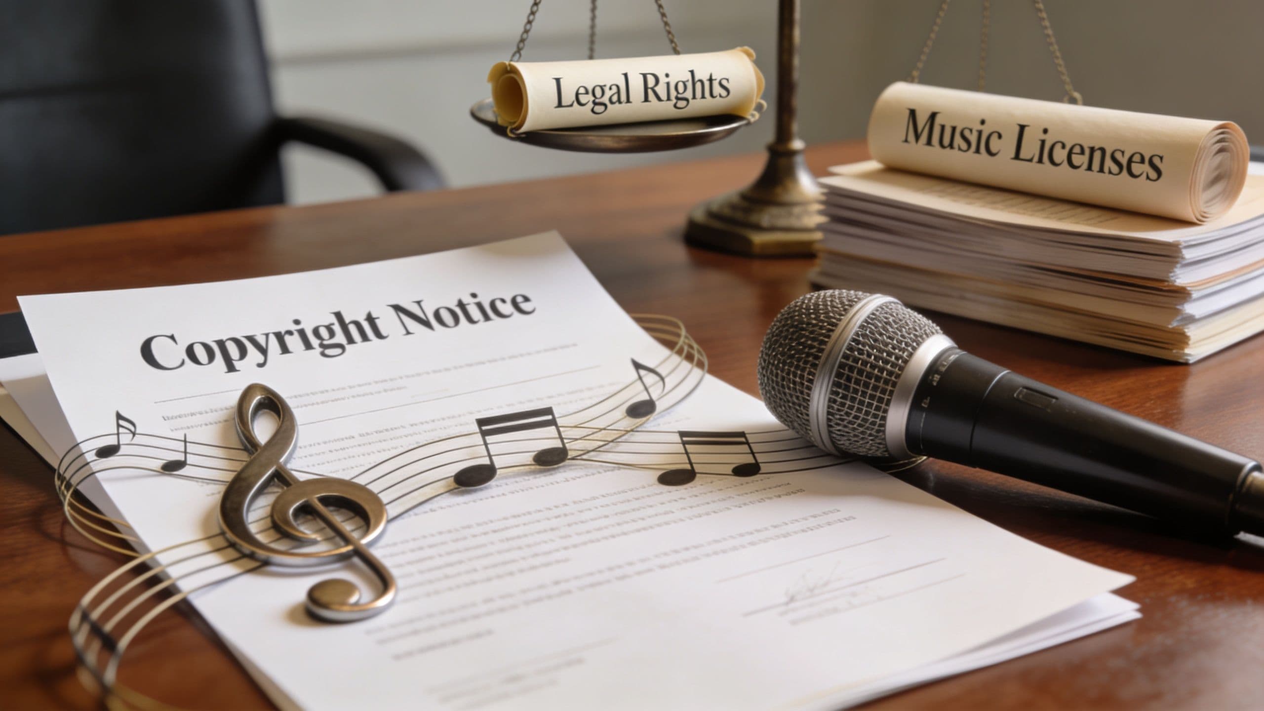 A microphone resting on a Copyright Notice document with music notes and legal scales in the background.