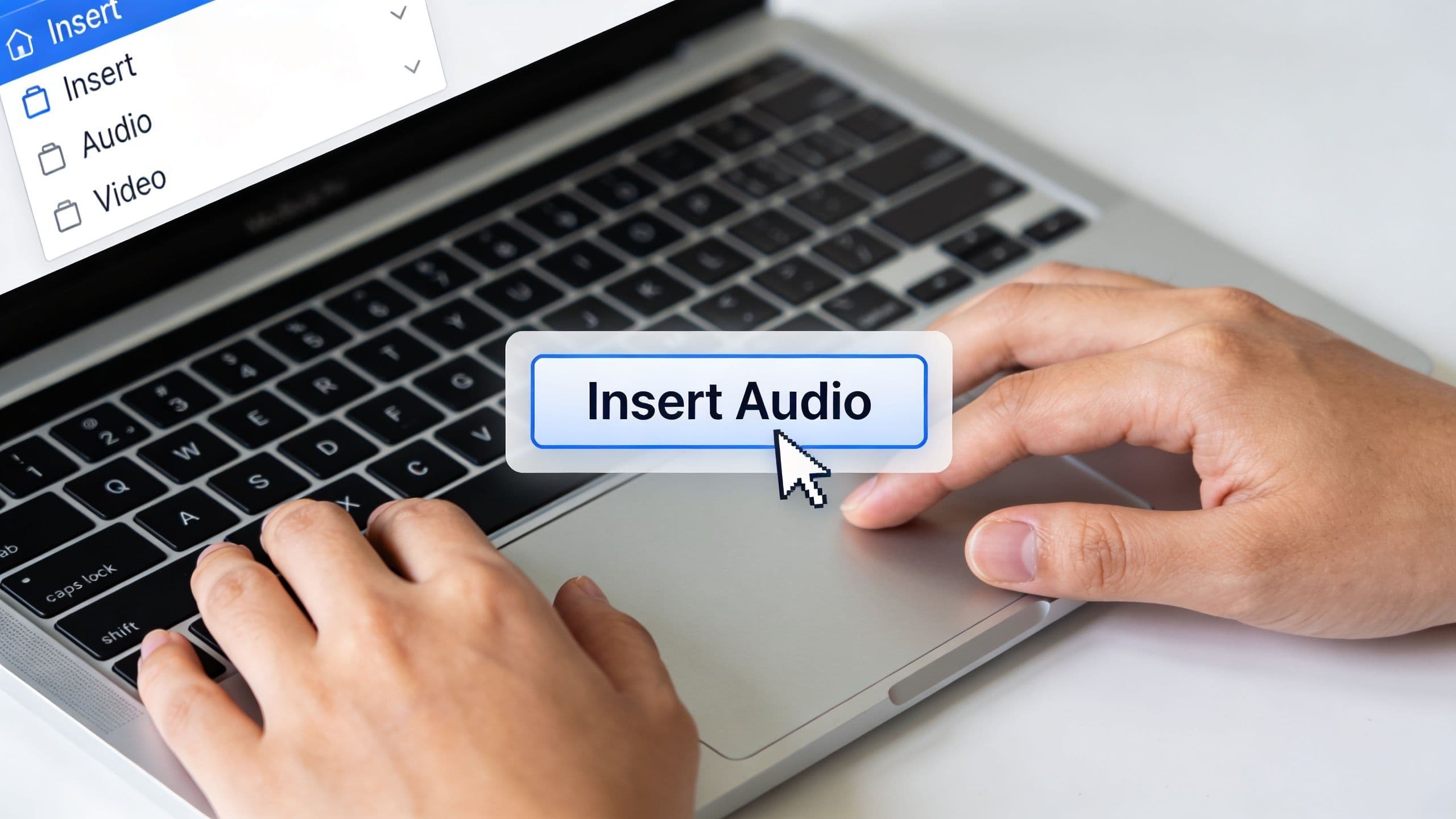 A user's hands typing on a laptop keyboard with an on-screen prompt to insert audio.