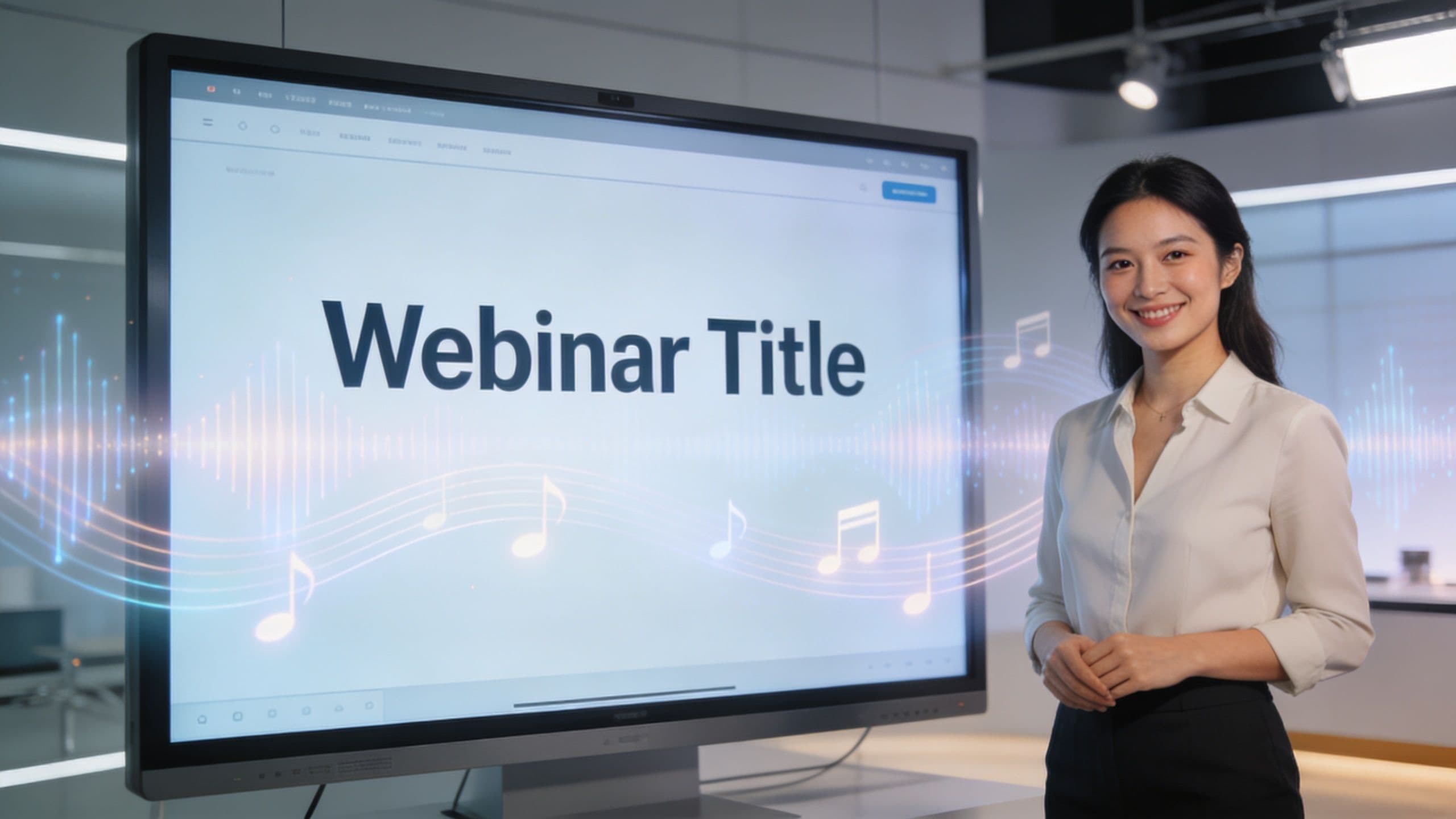 A professional woman standing next to a screen displaying a webinar title with musical notes and waveforms.