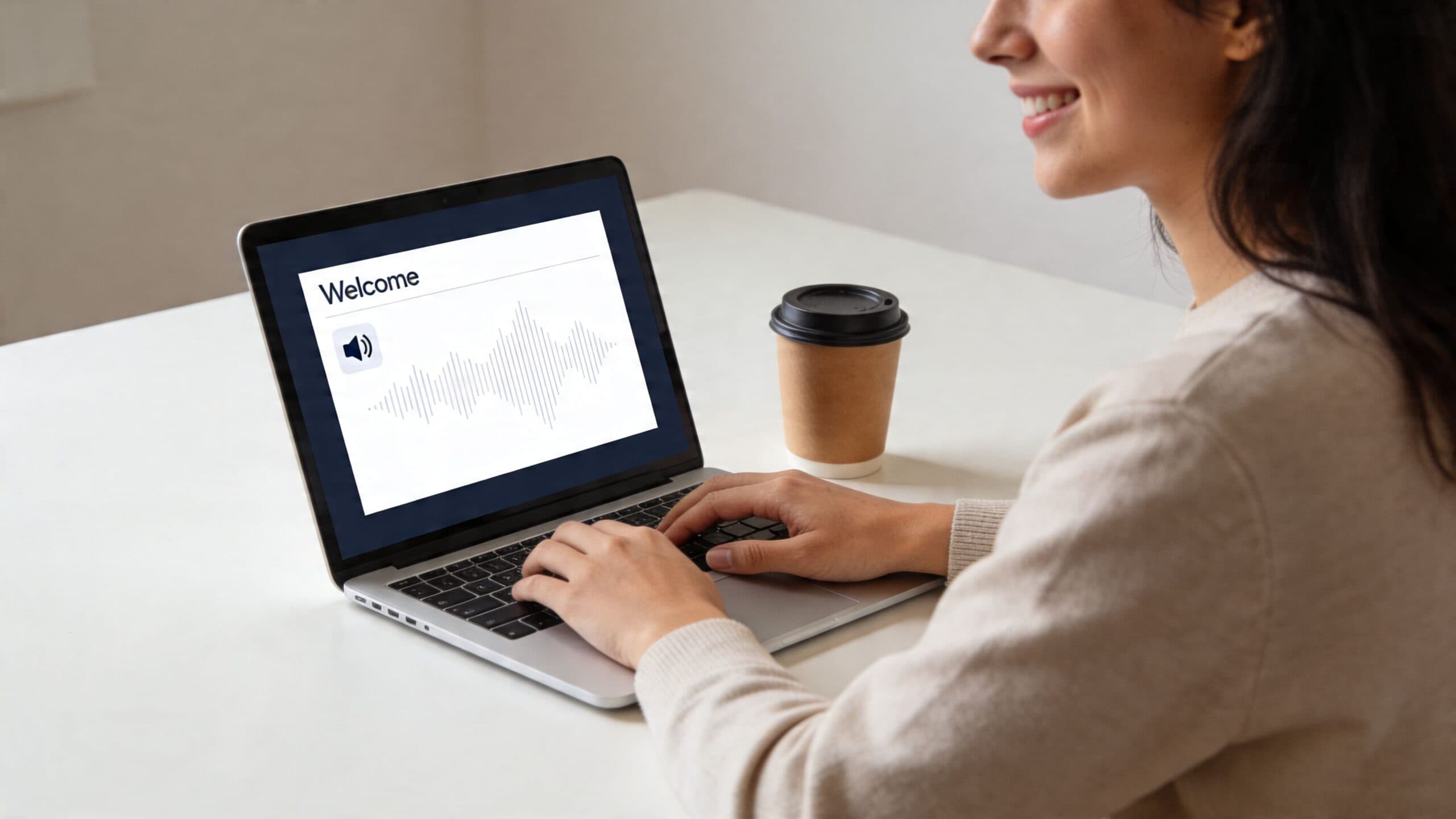 A woman using a laptop to create an audio presentation on a professional workspace with coffee.