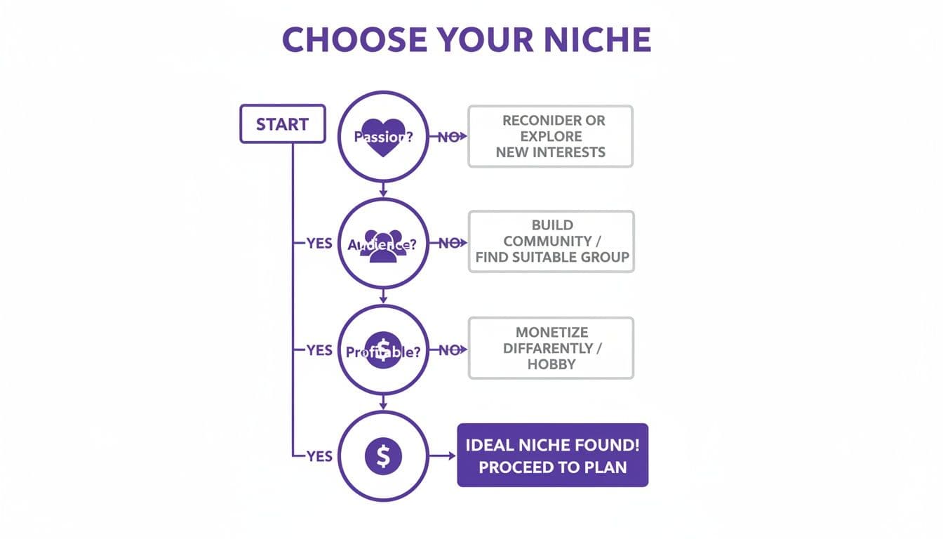 Flowchart guiding users through steps to choose an ideal and profitable niche, starting with passion and audience.