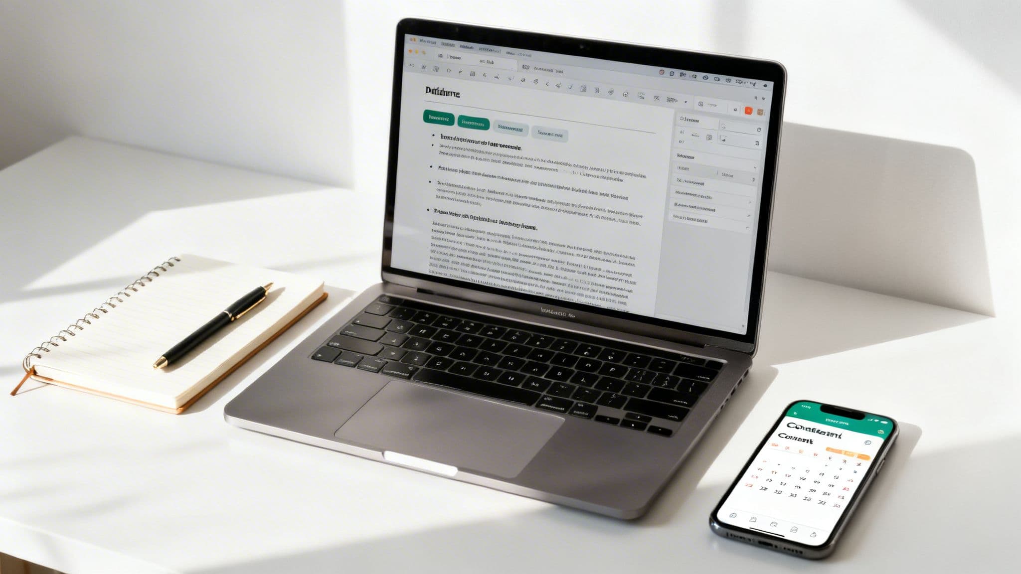 A professional workspace with a laptop, open notebook, pen, and smartphone displaying a calendar.