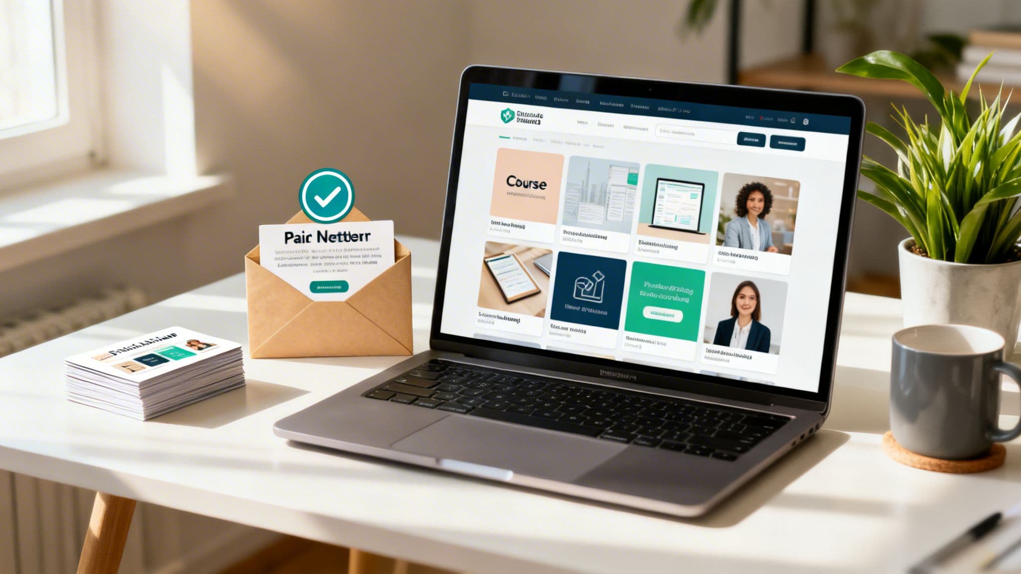 A laptop displays a finance website on a desk with an open envelope, a stack of cards, a plant, and a mug.