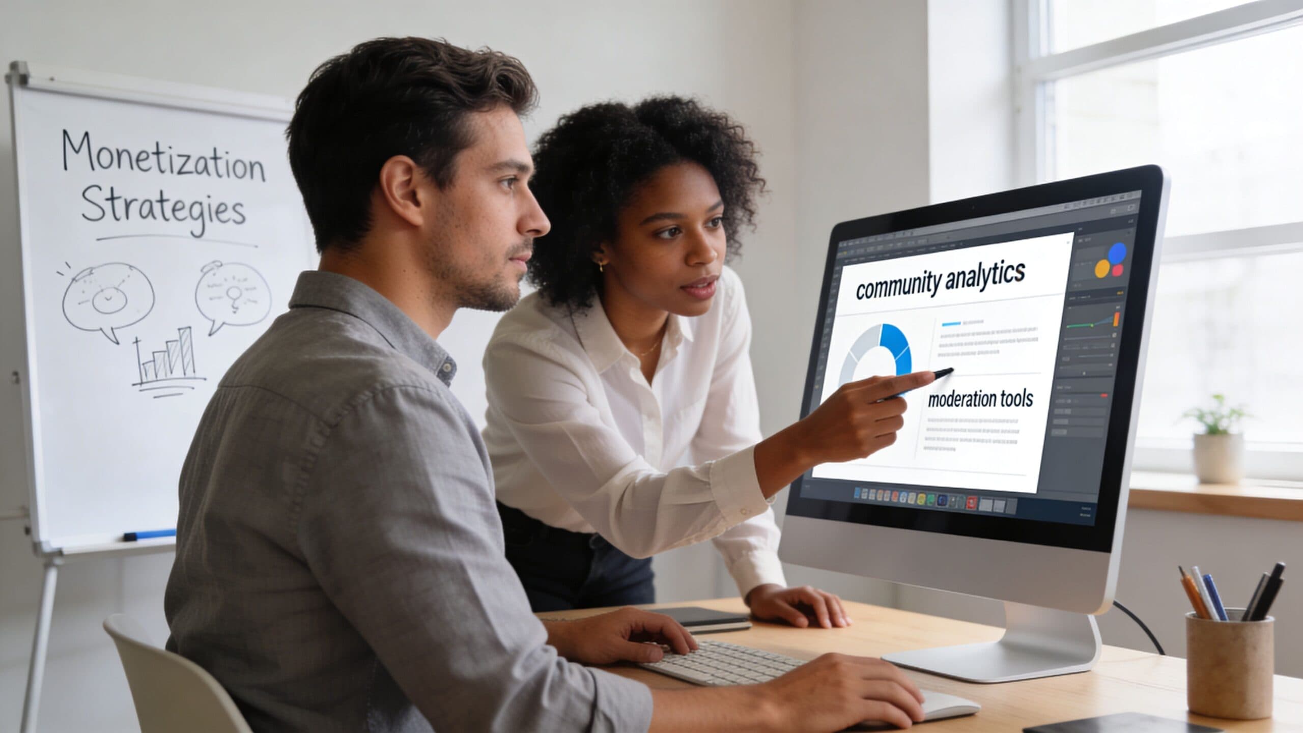 A professional man and woman collaborating on community analytics and moderation tools at a computer workstation.