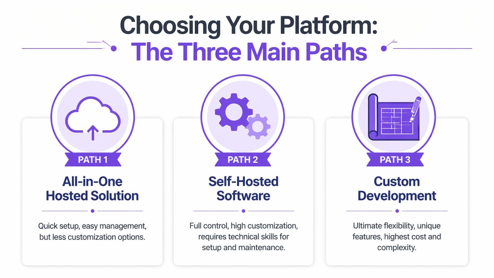 A diagram illustrating three distinct pathways for building a website platform: hosted, self-hosted, and custom development.