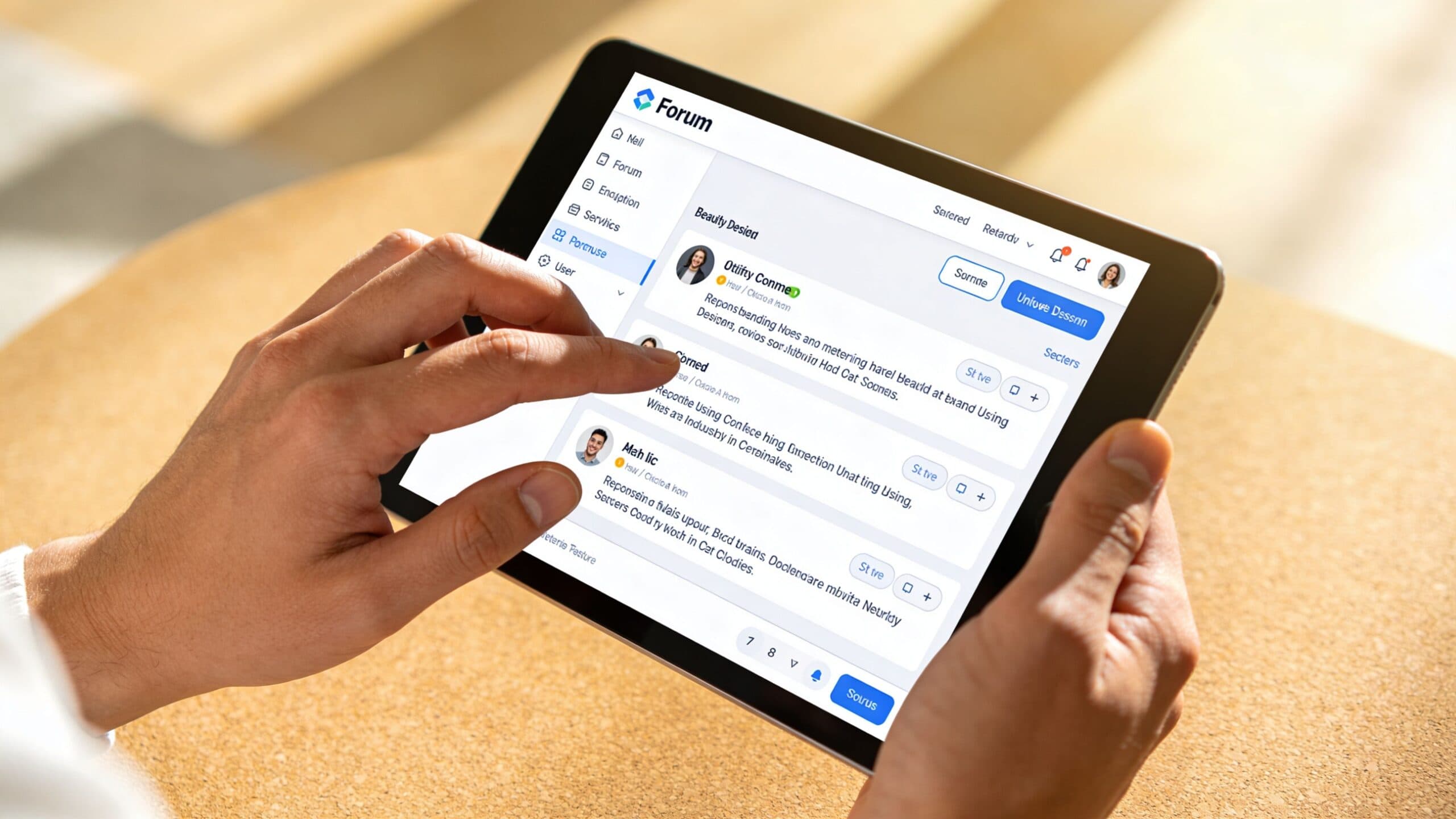 A person holding a digital tablet displaying a forum application interface with discussions on a wooden table.