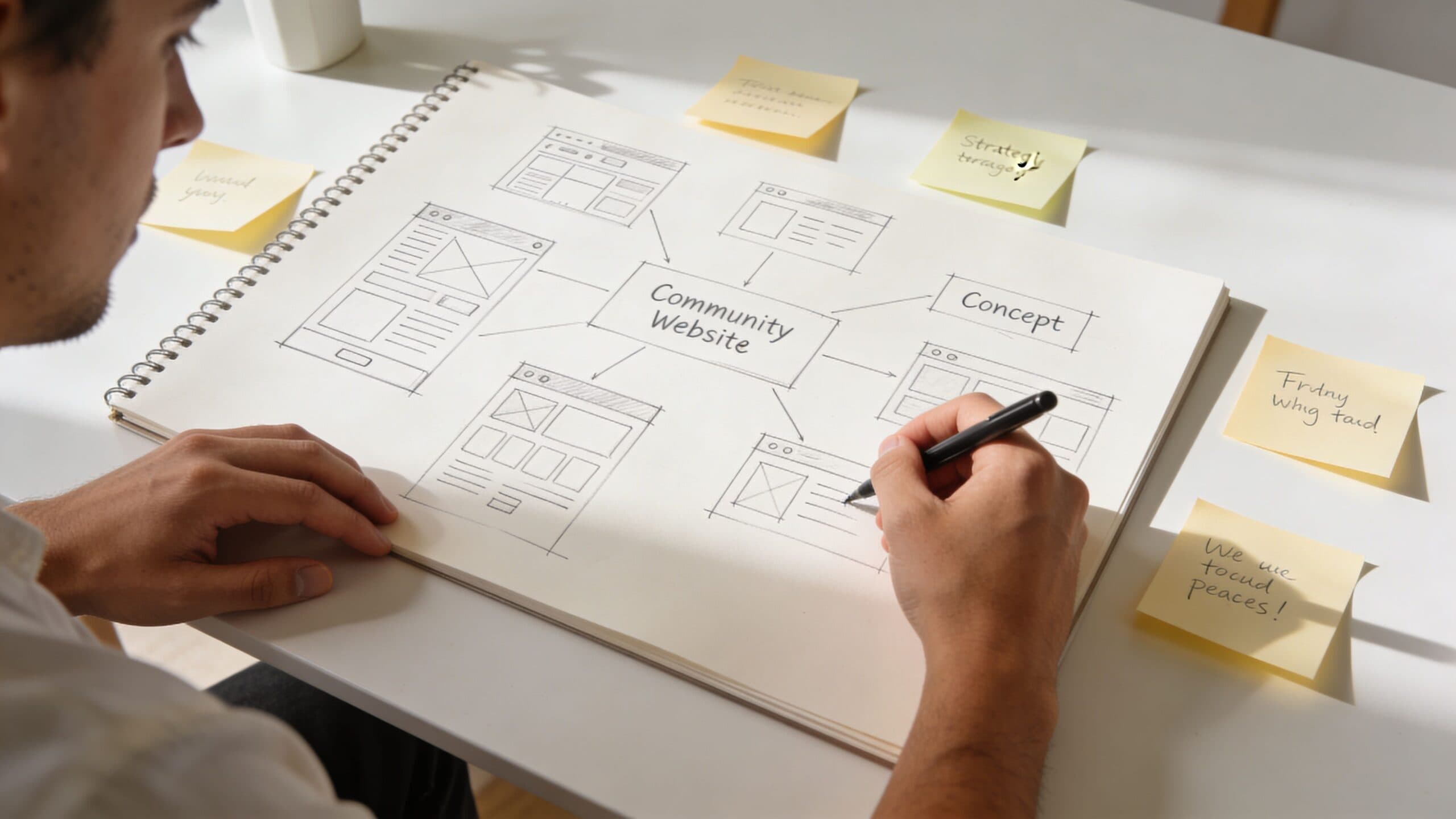A person drawing a wireframe layout for a community website in a spiral sketchbook at a desk.