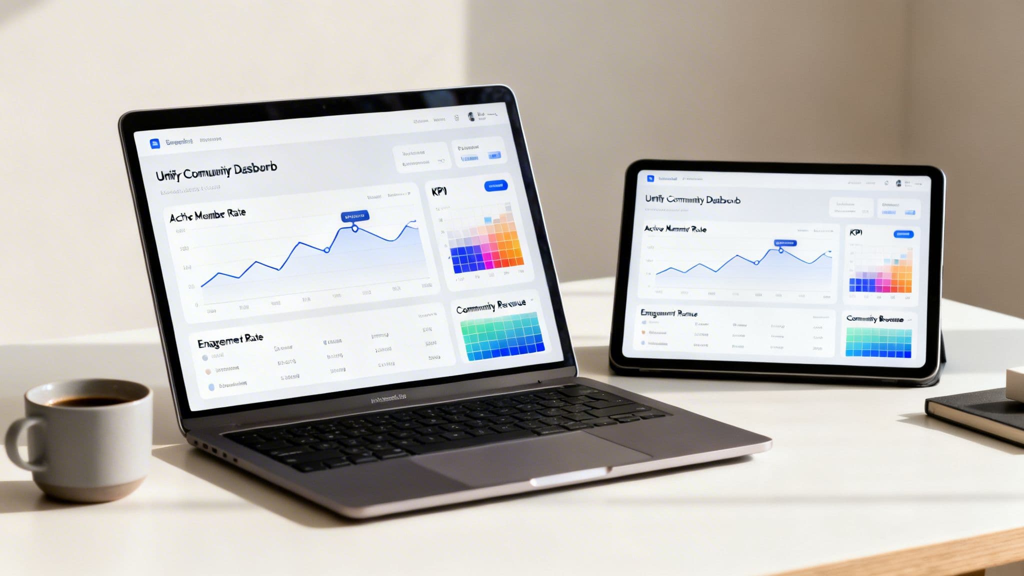 A modern workspace with a laptop and tablet showcasing a community management dashboard, graphs, and KPIs.
