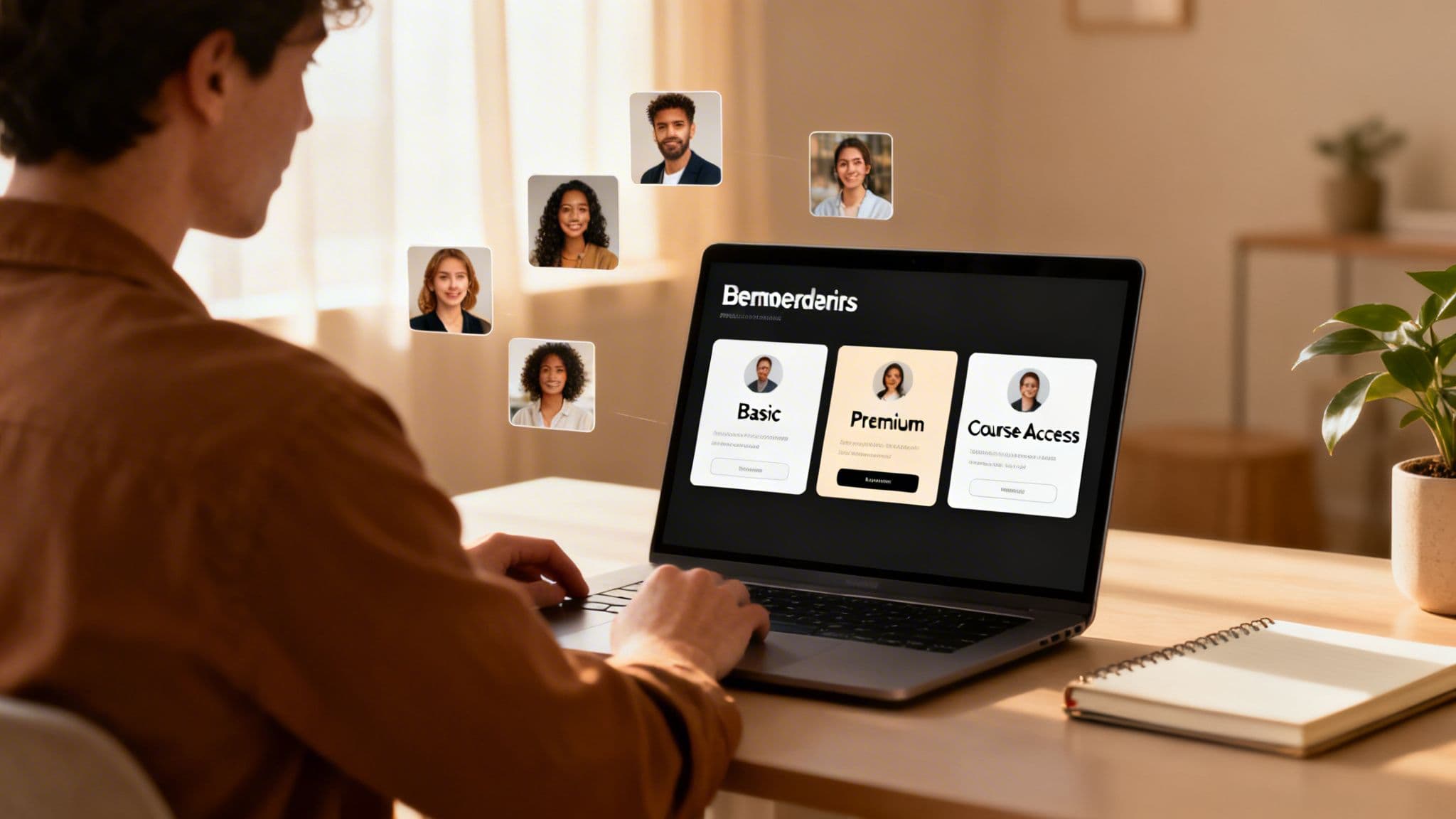 A man on a laptop interacting with an online community platform displaying various user profiles and membership options.