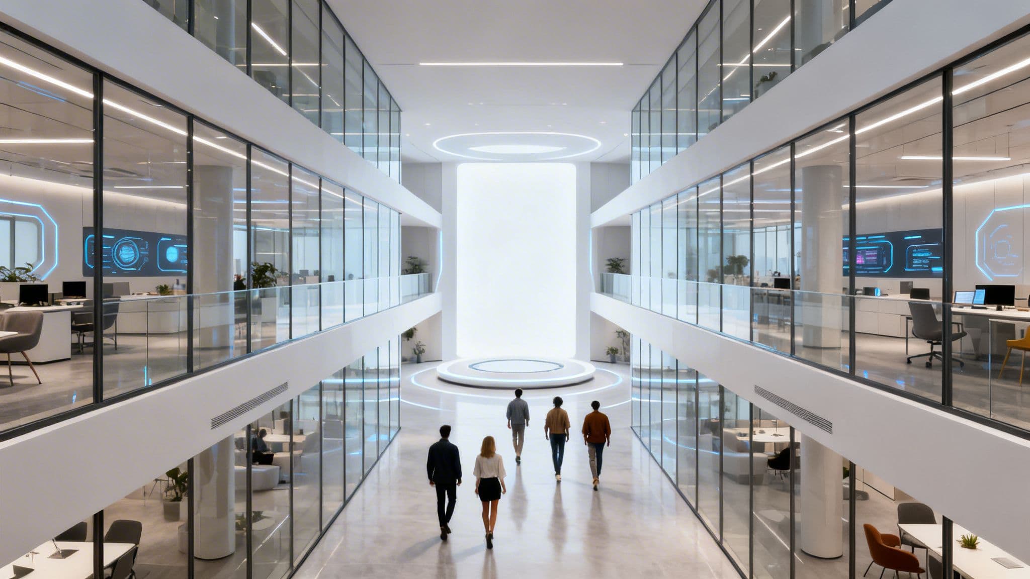 Modern, multi-story office interior with people walking towards a luminous central display.