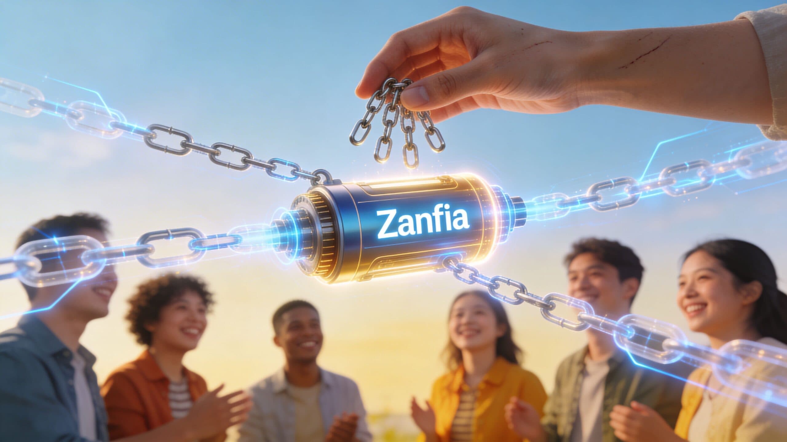 A group of diverse young adults smiling while looking at a futuristic digital chain connected to Zanfia.