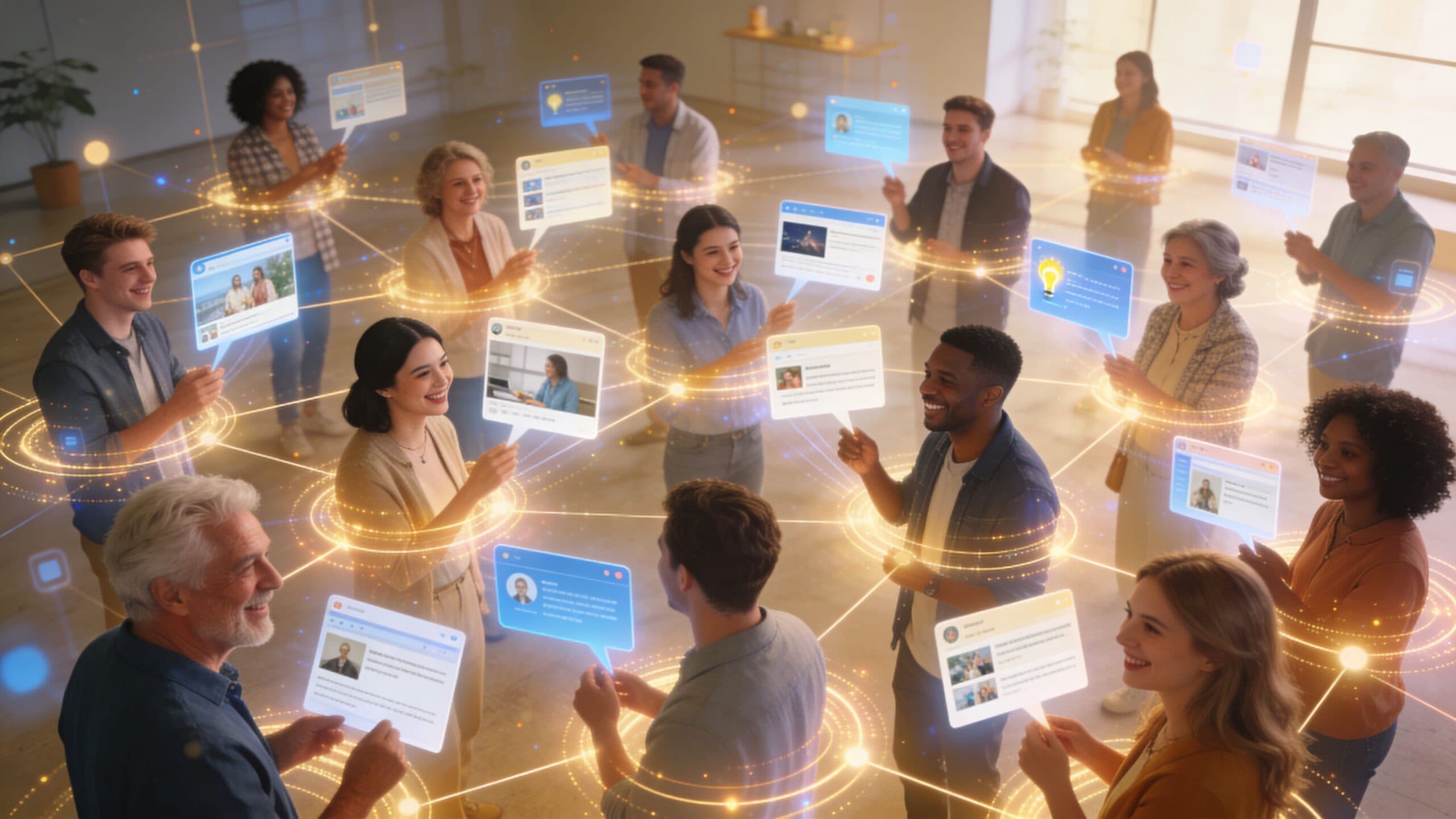 A diverse group of people standing in a circle holding digital social media interface screens representing connectivity.