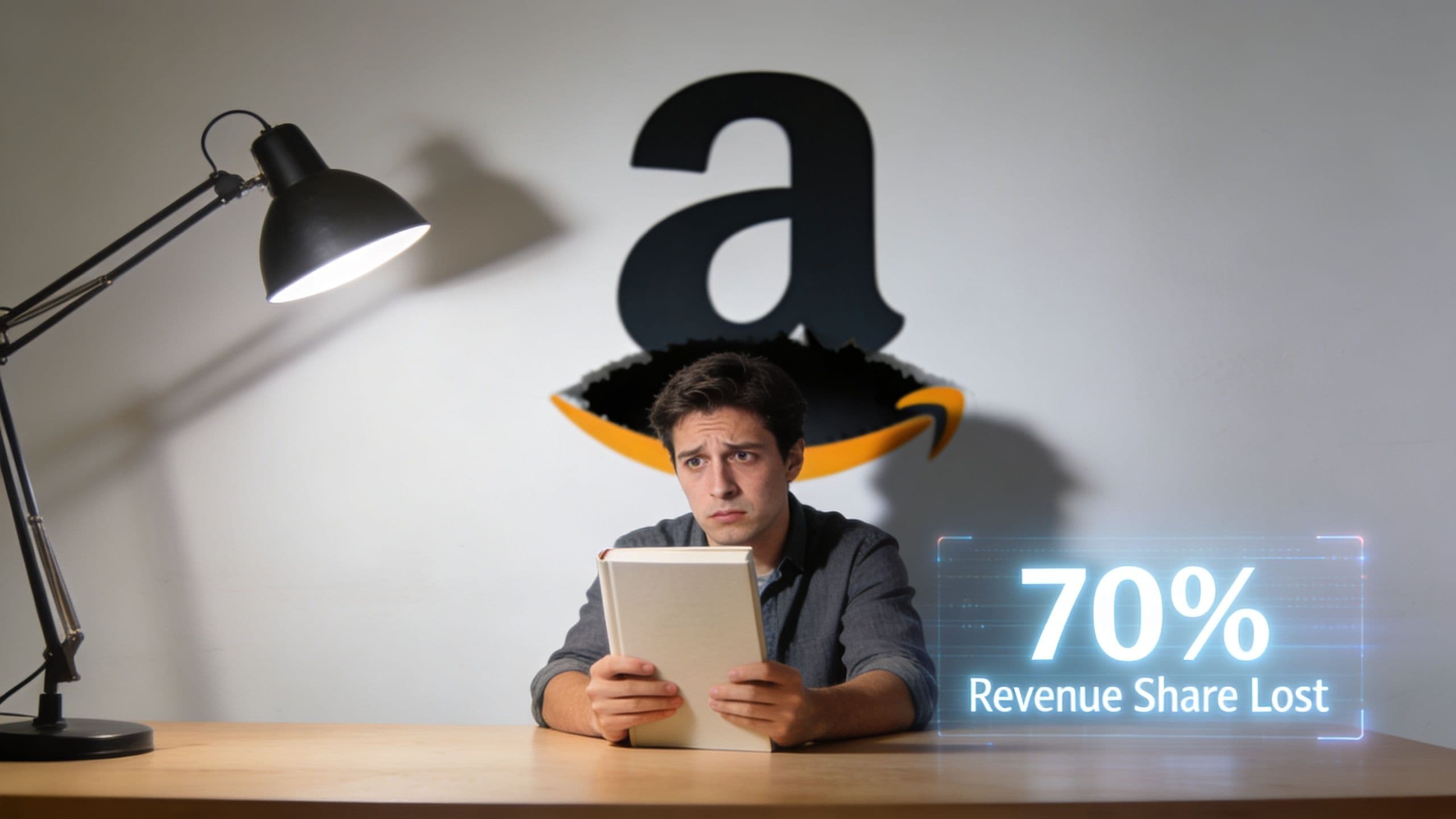 A concerned man holding a book in front of a wall with an Amazon logo and digital graphic.