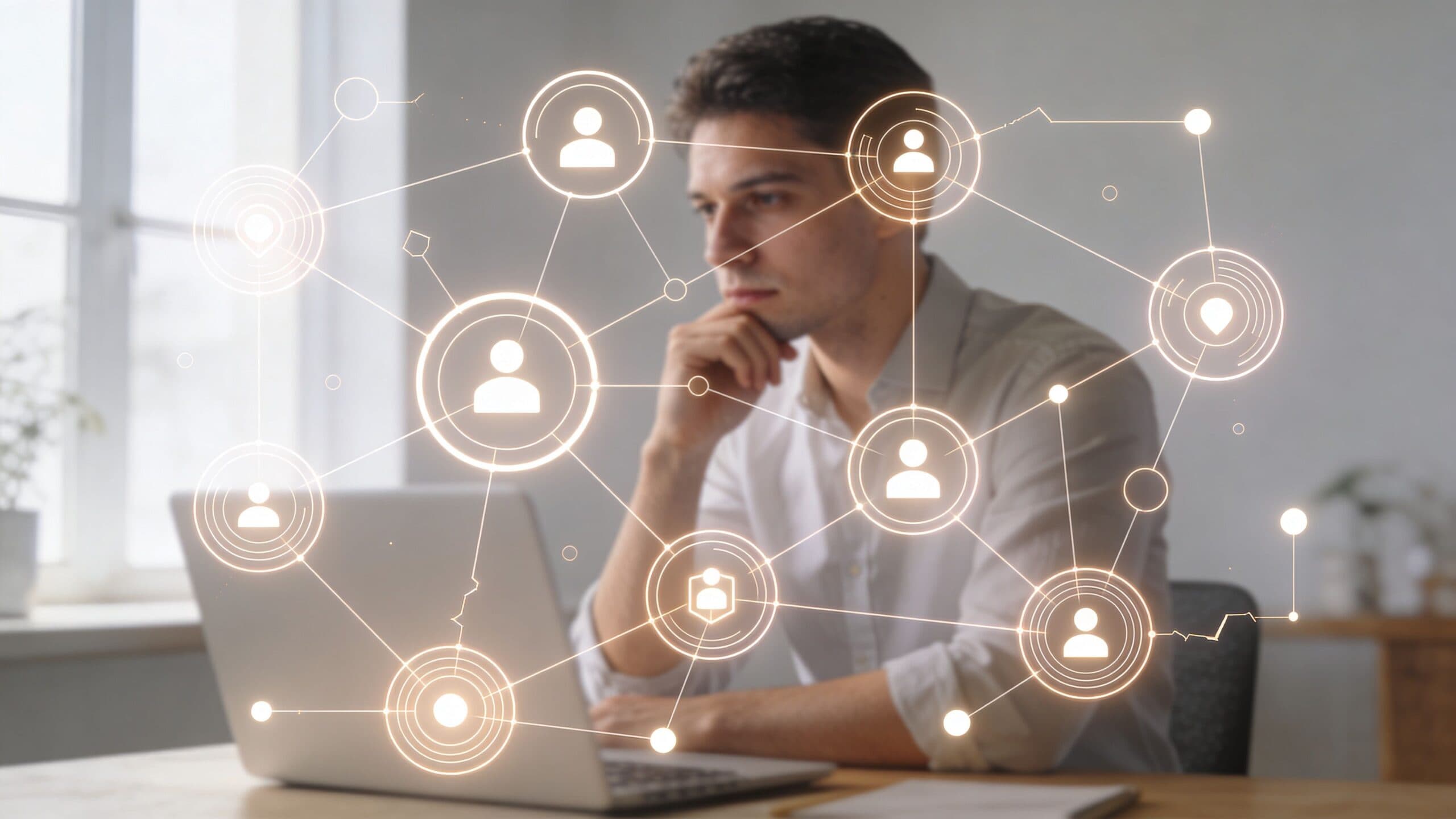 A professional man sitting at a desk looking at a laptop with a digital networking overlay.