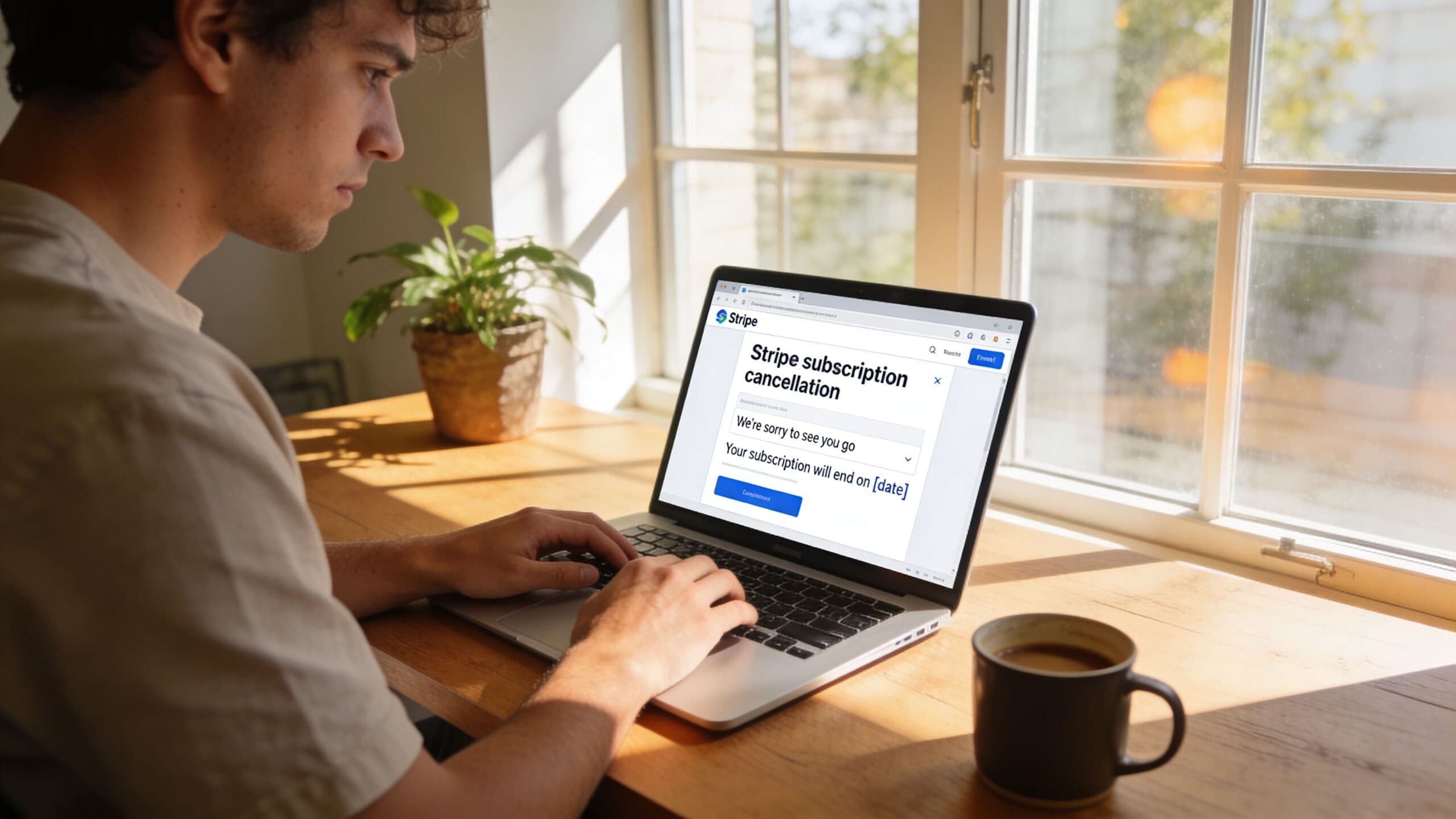 A young man sitting at a wooden desk working on a laptop displaying a subscription cancellation screen.
