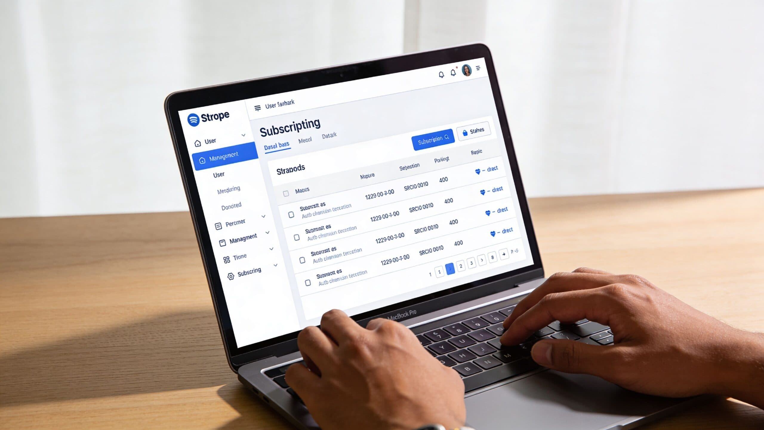 A person typing on a laptop displaying a subscription management dashboard for a service called Strope.