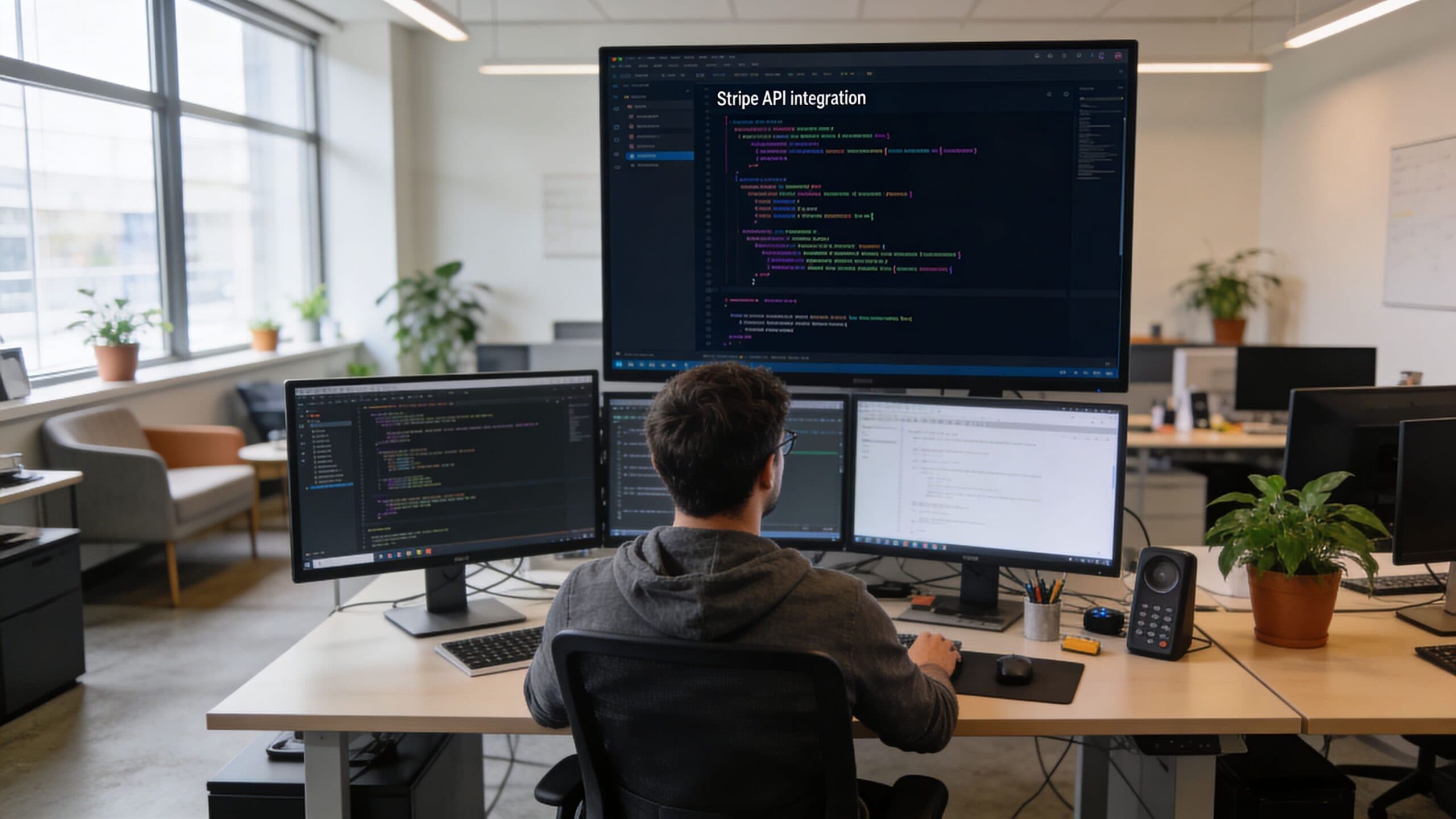 A software developer working on Stripe API integration code while sitting at a multi-monitor computer workstation.