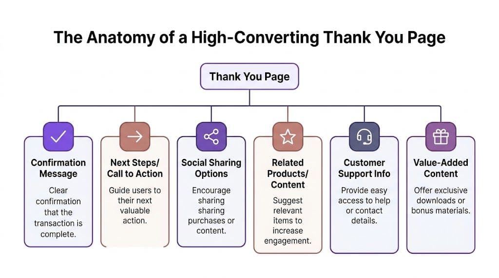 A flowchart diagram illustrating the key elements to include on a high-converting thank you page for websites.